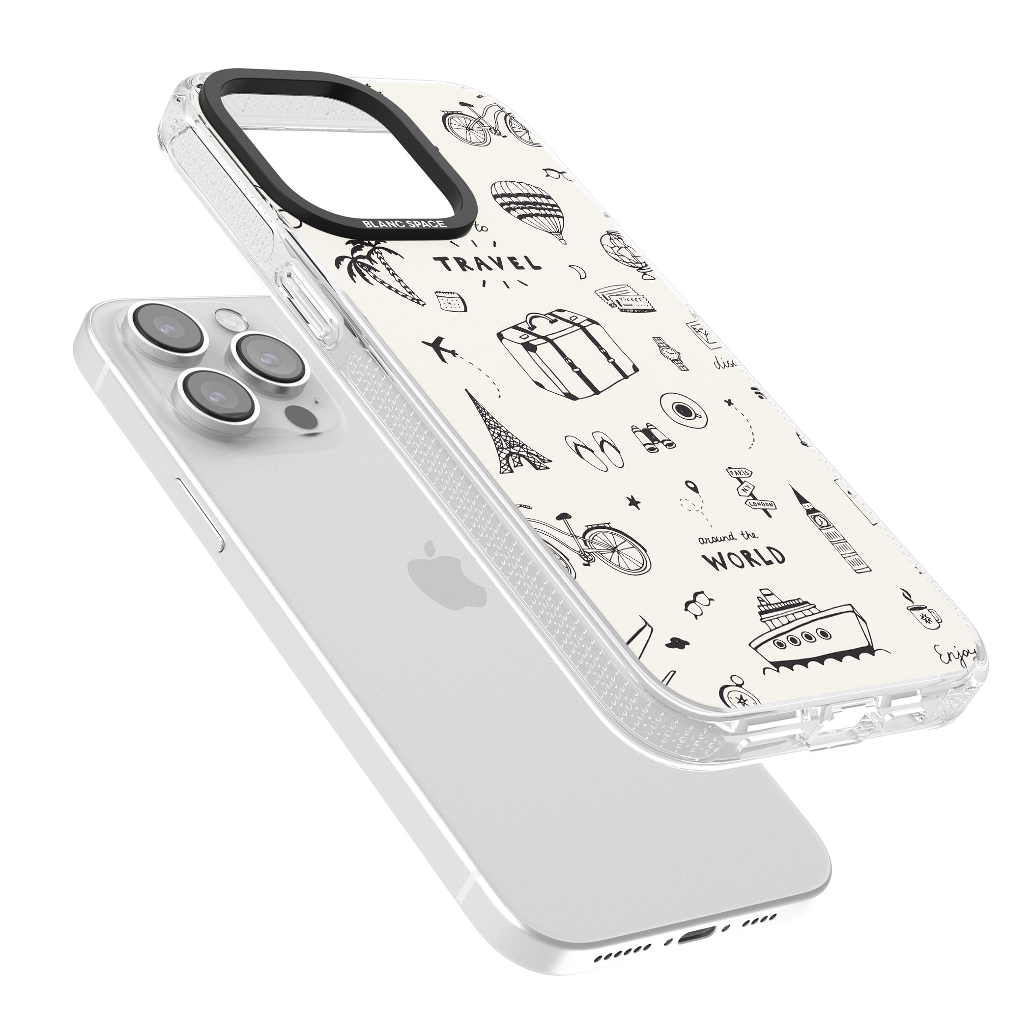 Cute Travel Pattern, White on iPhone 15 Pro Max / 15 Pro / 14 Pro Max / 14 Pro / 13 Pro Clear Case Impact Air - Blanc Space