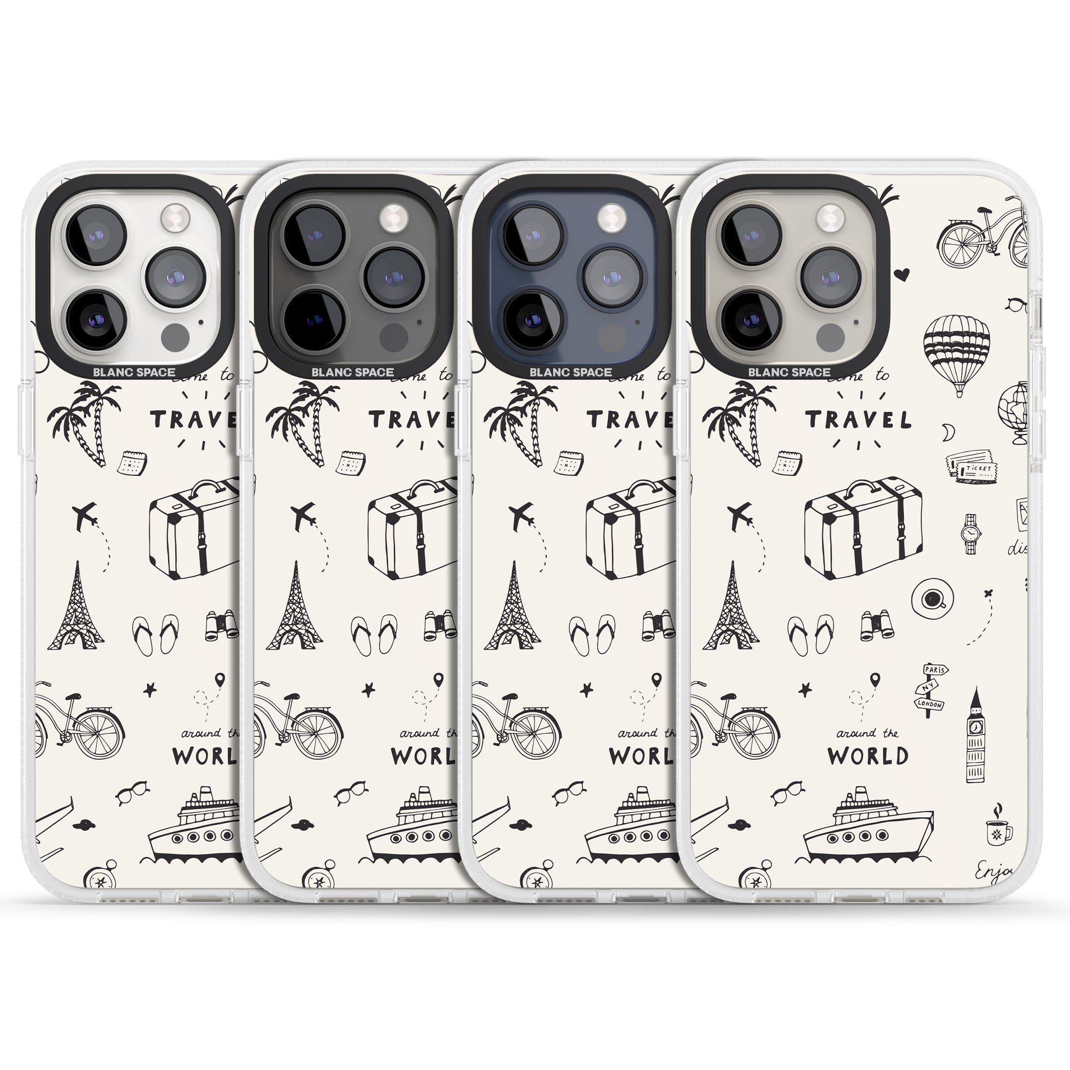 Cute Travel Pattern, White on iPhone 15 Pro Max / 15 Pro / 14 Pro Max / 14 Pro / 13 Pro Clear Case Impact Air - Blanc Space