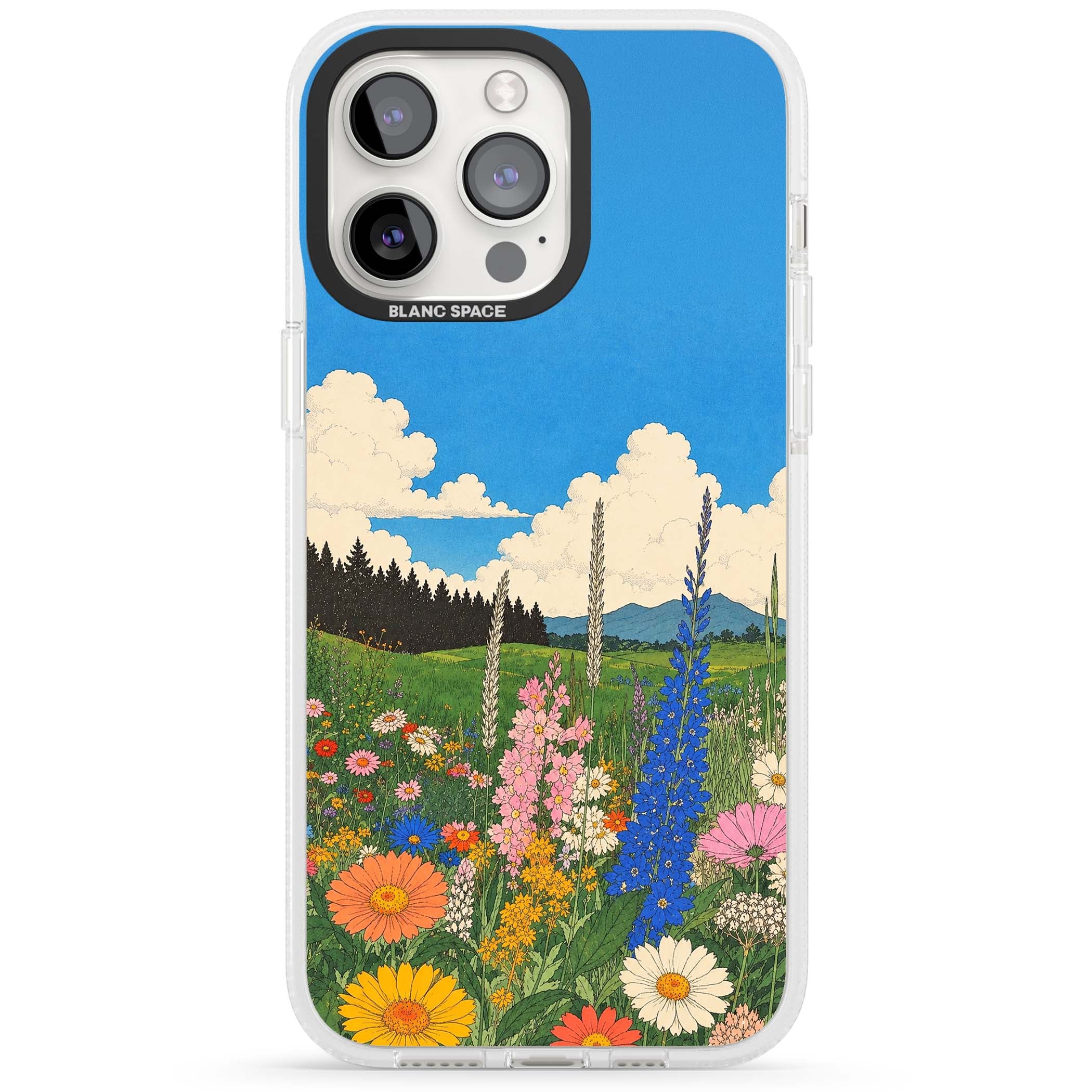 Wildbloom wildflower iPhone case featuring a vintage Japanese-style meadow landscape with daisies, delphiniums and moun | Clear Case Impact Air case for iPhone 15 Pro, iPhone 15 Pro Max