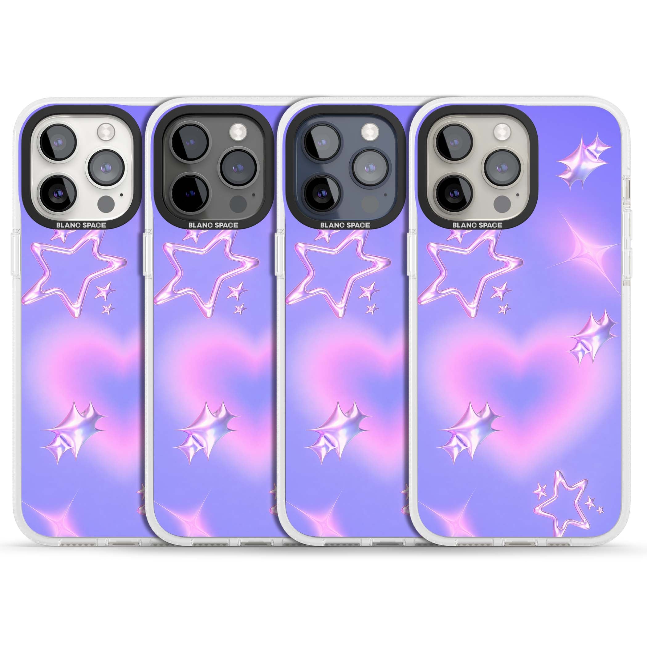 Soft Sugar Y2K iPhone case featuring iridescent chrome hearts, metallic pink stars and a lavender gradient sky | Clear Case Impact Air case for iPhone 15 Pro, iPhone 15 Pro Max