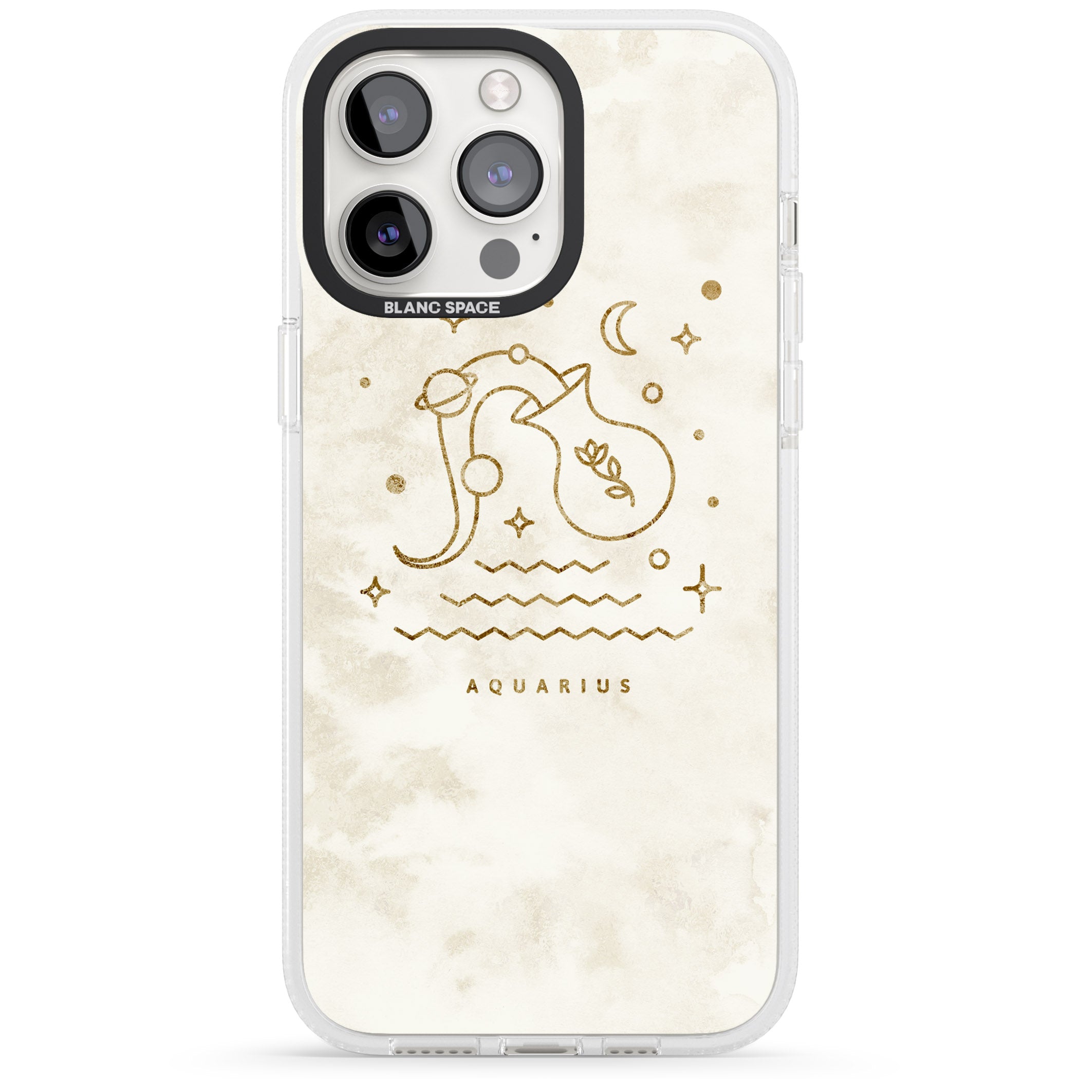 Aquarius Emblem - Solid Gold Marbled Design iPhone 15 Pro Max / 15 Pro / 14 Pro Max / 14 Pro / 13 Pro Clear Case Impact Air - Blanc Space