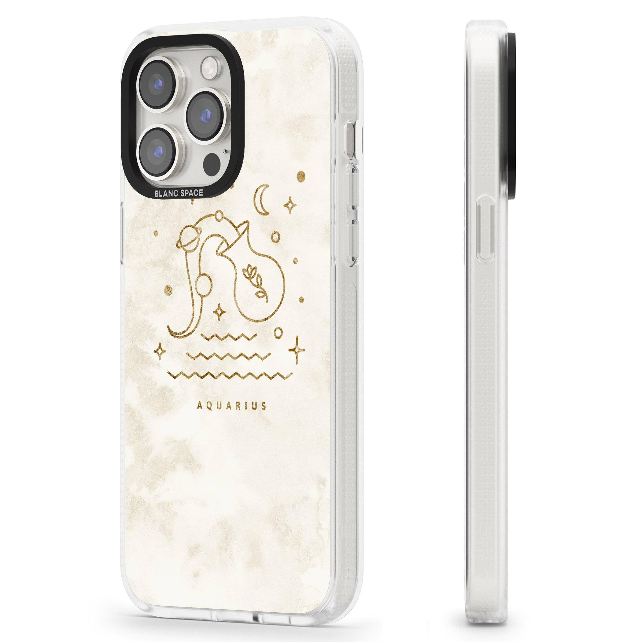 Aquarius Emblem - Solid Gold Marbled Design iPhone 15 Pro Max / 15 Pro / 14 Pro Max / 14 Pro / 13 Pro Clear Case Impact Air - Blanc Space