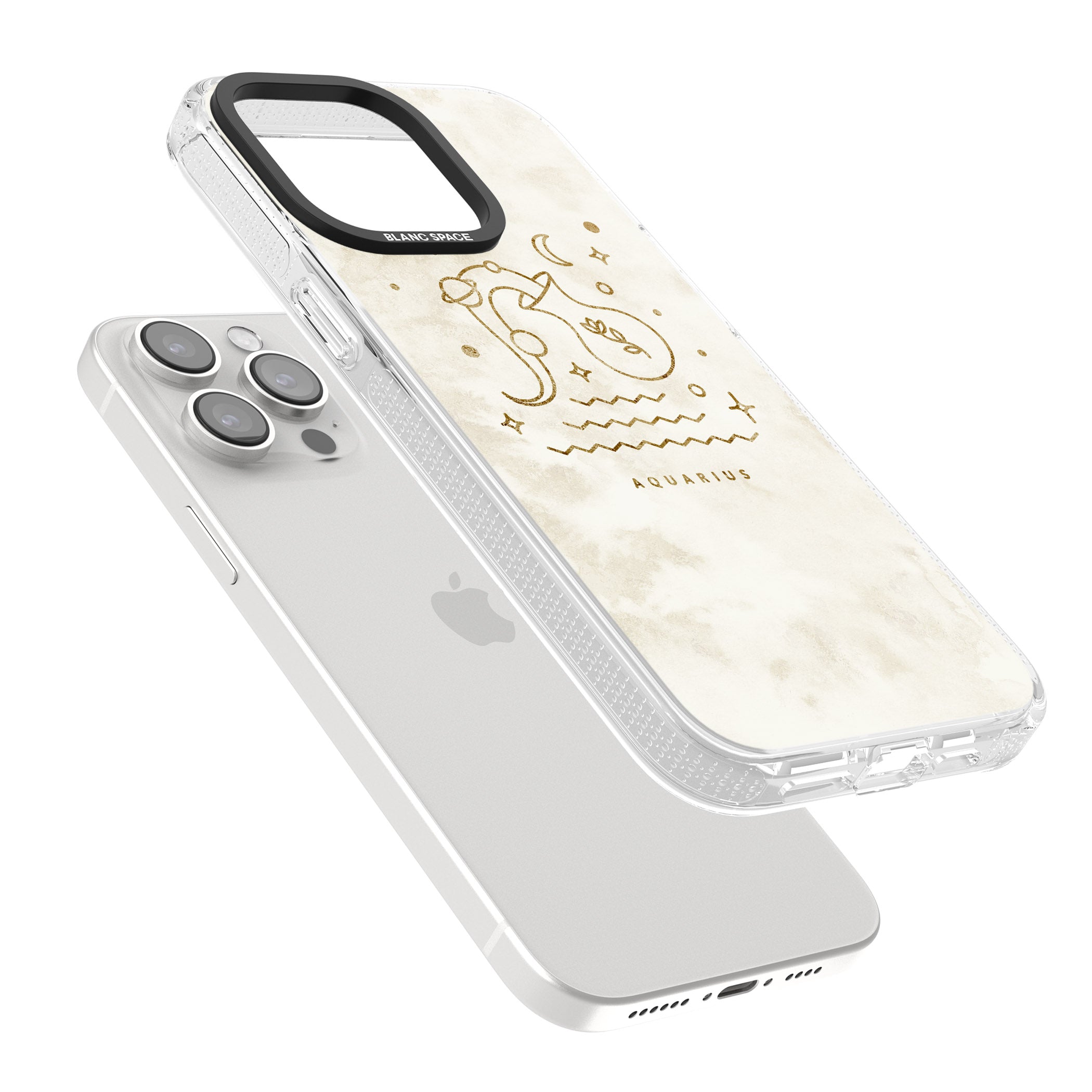 Aquarius Emblem - Solid Gold Marbled Design iPhone 15 Pro Max / 15 Pro / 14 Pro Max / 14 Pro / 13 Pro Clear Case Impact Air - Blanc Space