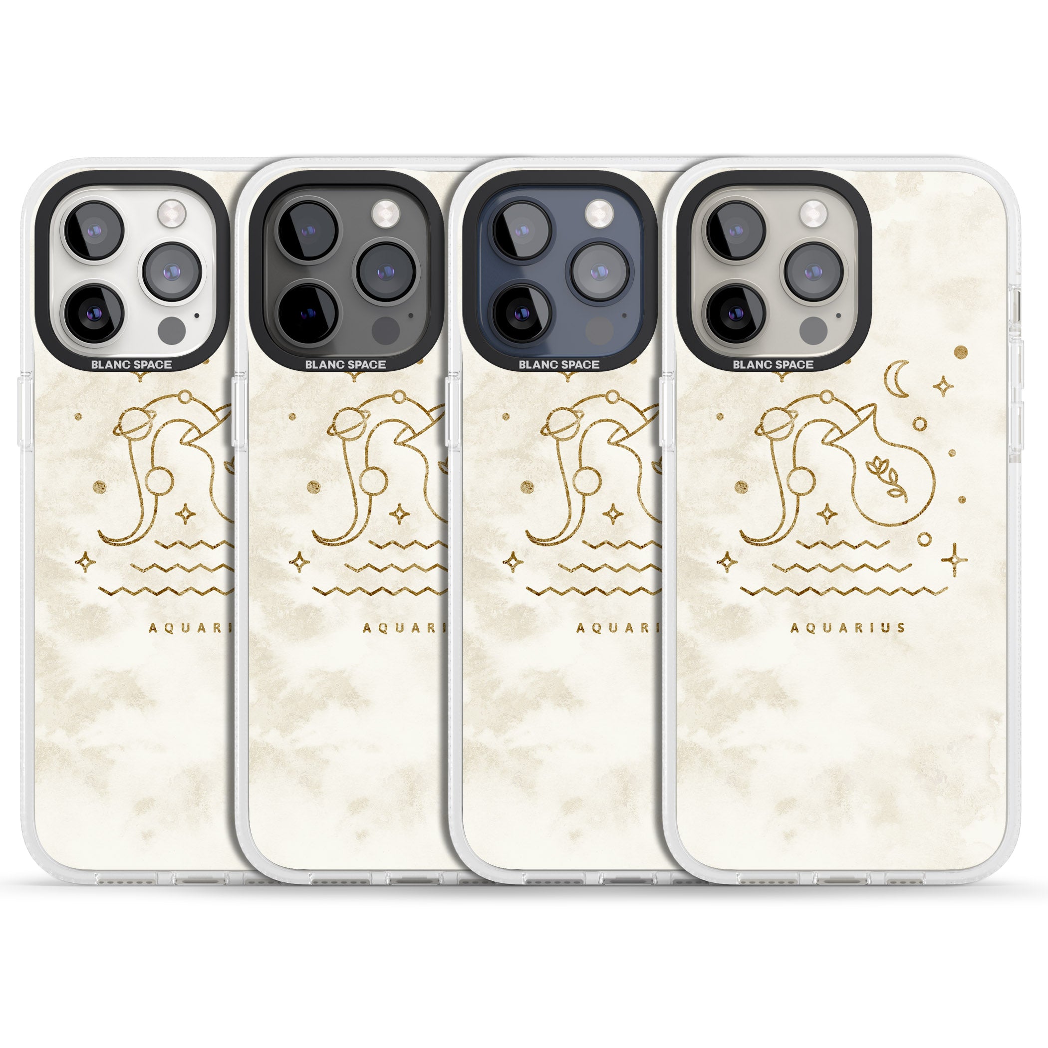 Aquarius Emblem - Solid Gold Marbled Design iPhone 15 Pro Max / 15 Pro / 14 Pro Max / 14 Pro / 13 Pro Clear Case Impact Air - Blanc Space