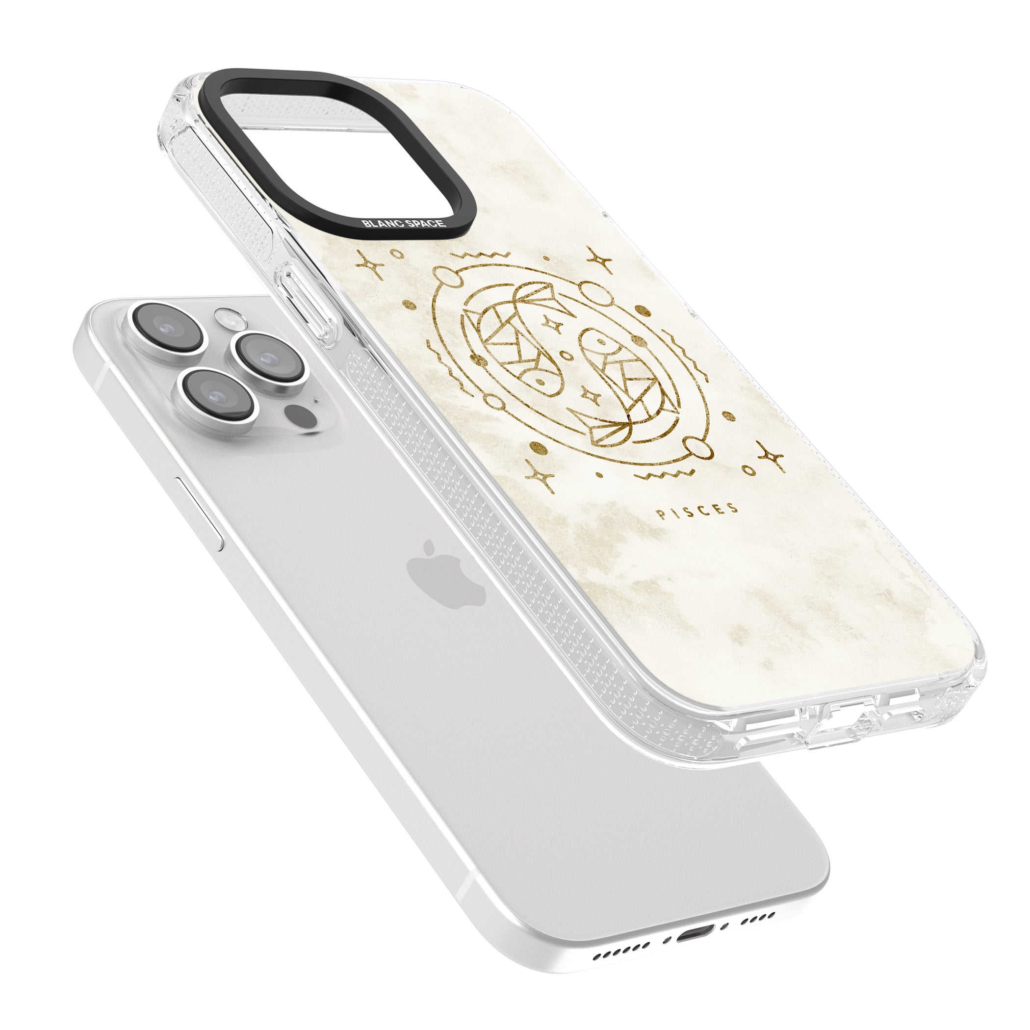 Pisces Emblem - Solid Gold Marbled Design iPhone 15 Pro Max / 15 Pro / 14 Pro Max / 14 Pro / 13 Pro Clear Case Impact Air - Blanc Space