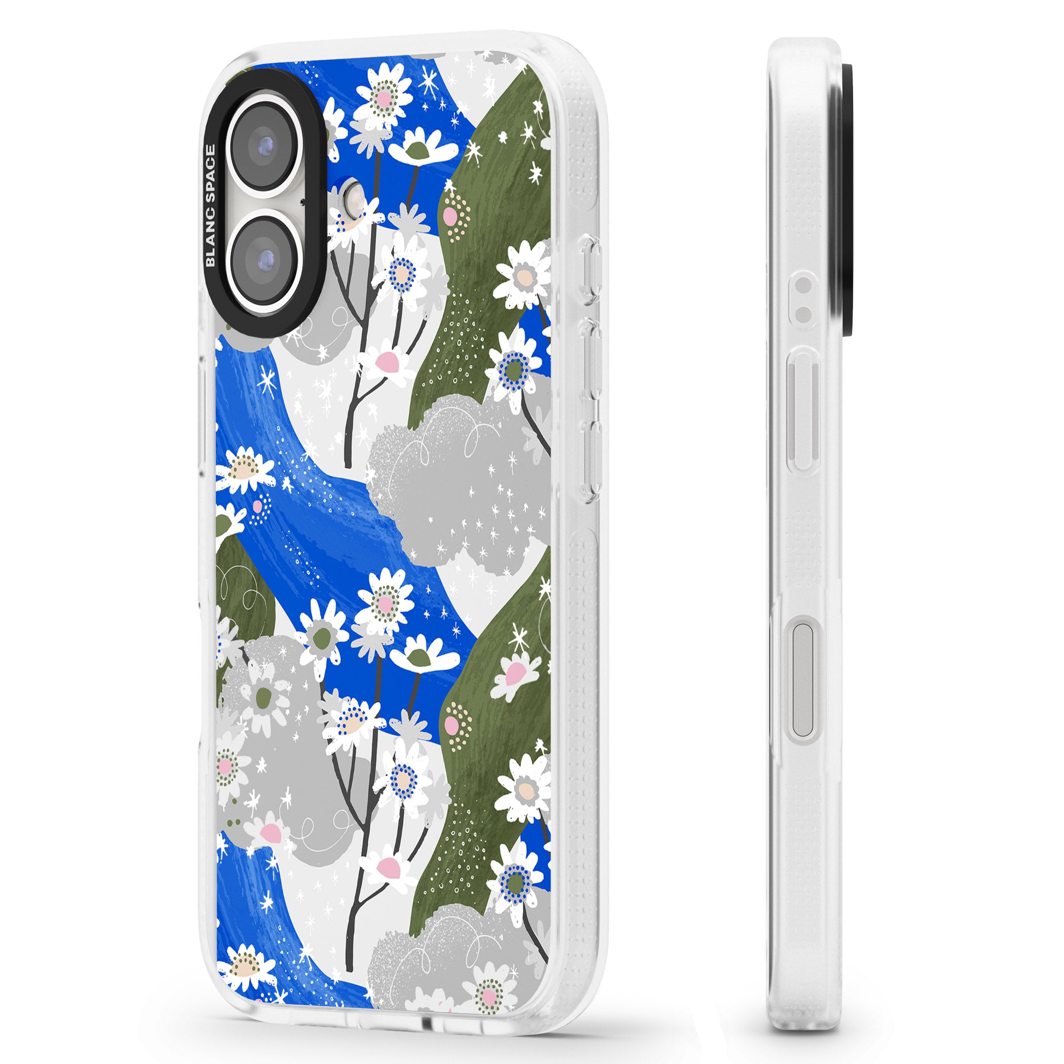 Blue & Grey Daisies Pattern iPhone 16 / 16 Plus Clear Case Impact Air - Blanc Space