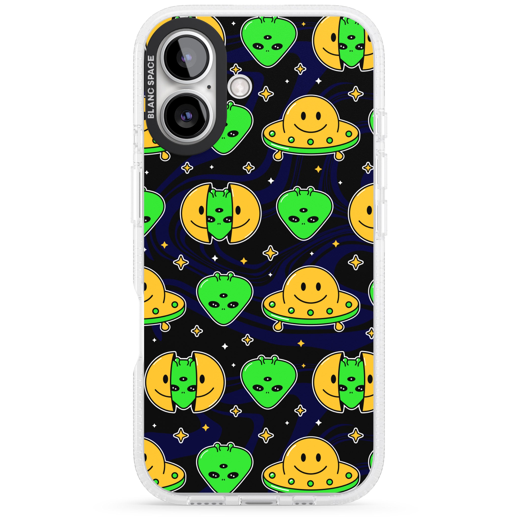 Alien Head Pattern iPhone 16 / 16 Plus Clear Case Impact Air - Blanc Space