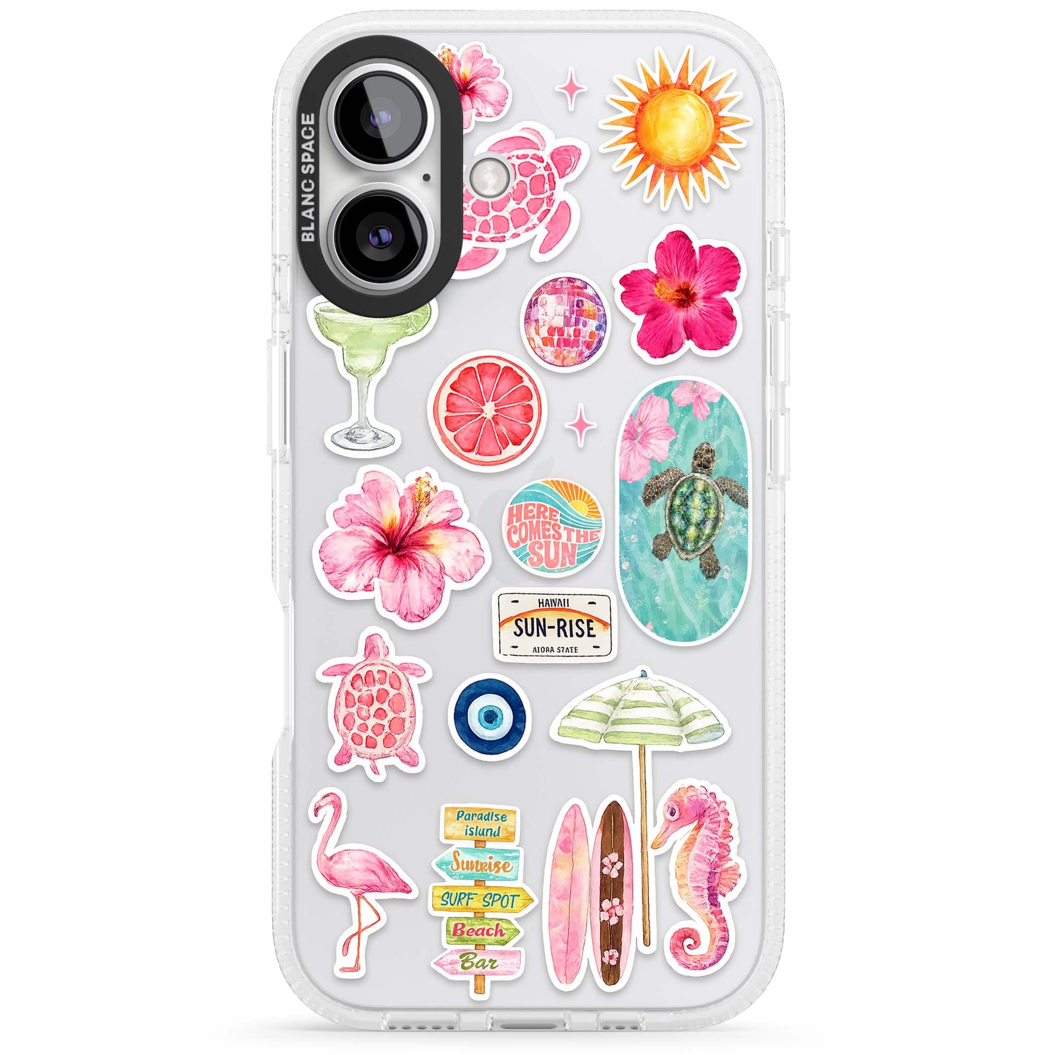 Aloha Sticker Mix tropical summer iPhone case featuring pink hibiscus, sea turtles, flamingo and beach umbrella stickers | Clear Case Impact Air case for iPhone 16, iPhone 16 Plus