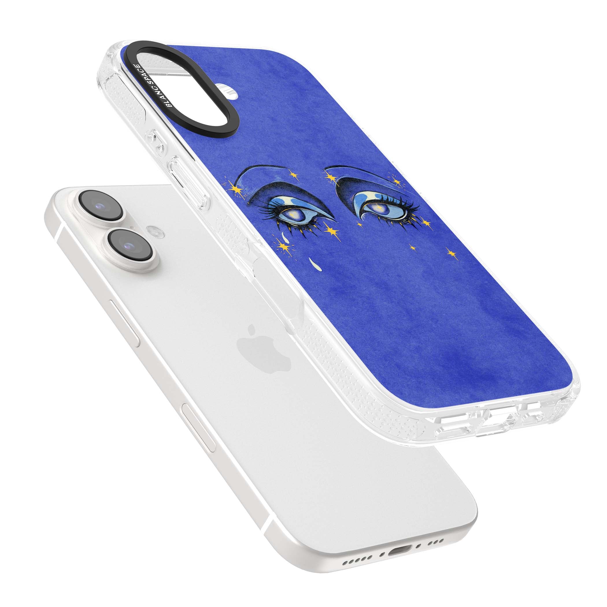 Blue Mystic Eyes celestial iPhone case featuring hand drawn blue mystical eyes, golden stars and a painted tear on indigo | Clear Case Impact Air case for iPhone 16, iPhone 16 Plus