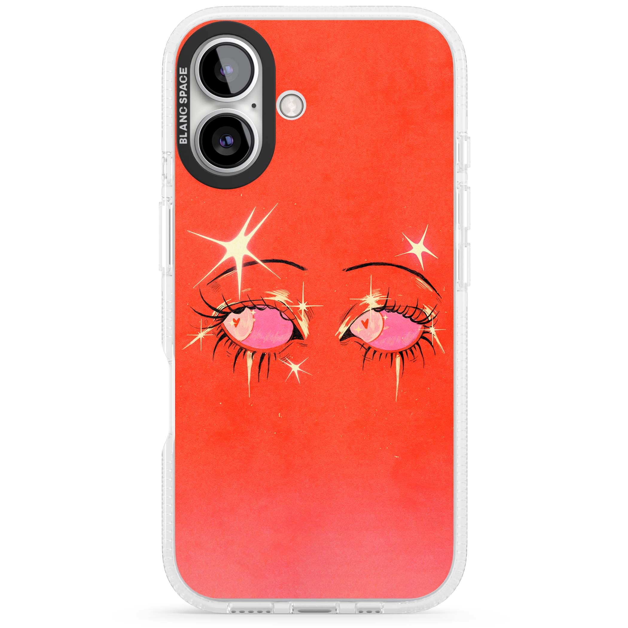 Pink Ethereal Eyes anime iPhone case featuring hand-drawn sparkly eyes with pink hearts and gold stars on red | Clear Case Impact Air case for iPhone 16, iPhone 16 Plus