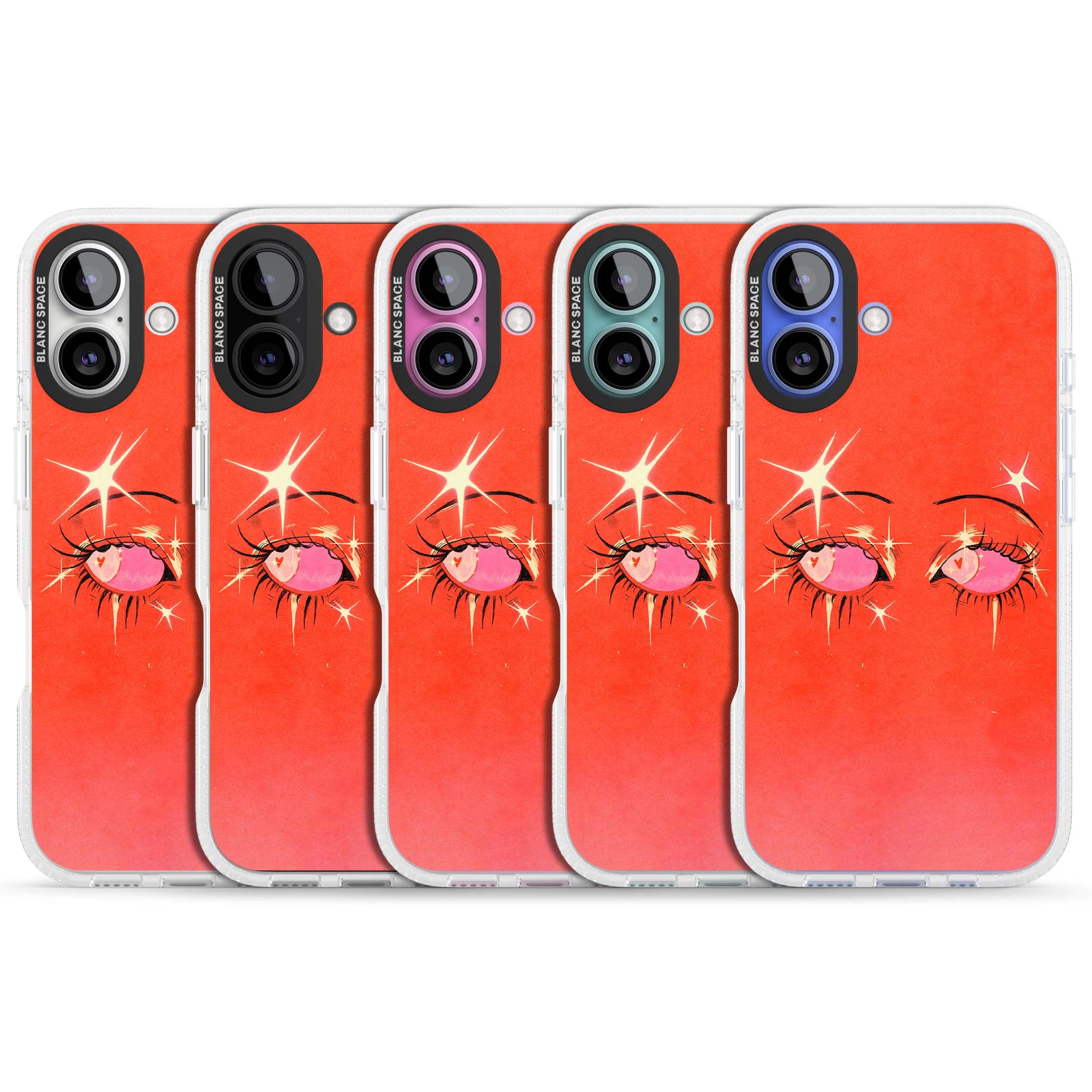 Pink Ethereal Eyes anime iPhone case featuring hand-drawn sparkly eyes with pink hearts and gold stars on red | Clear Case Impact Air case for iPhone 16, iPhone 16 Plus