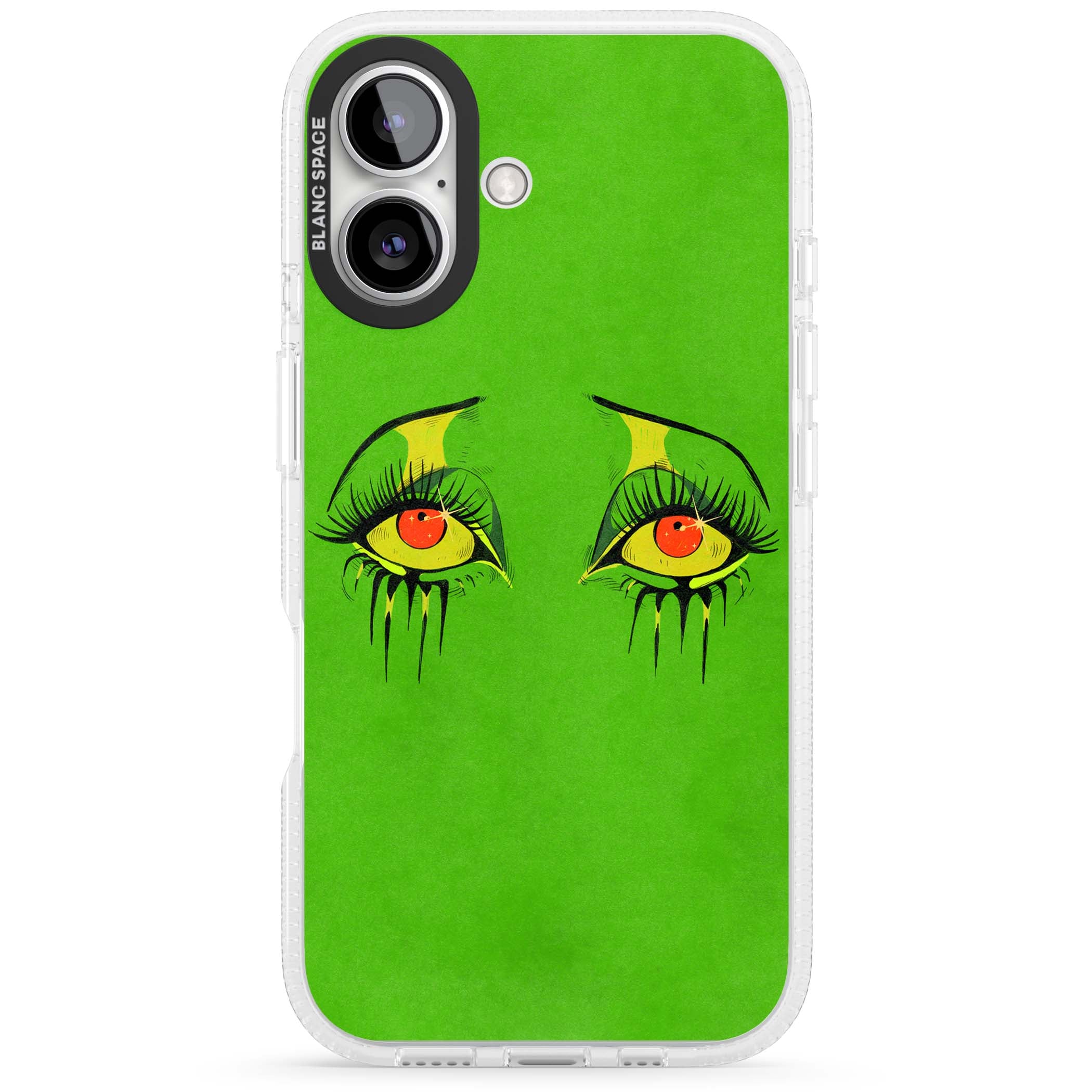 Green Enchanted Eyes psychedelic art iPhone case featuring hand-drawn dripping eyes on neon green background | Clear Case Impact Air case for iPhone 16, iPhone 16 Plus