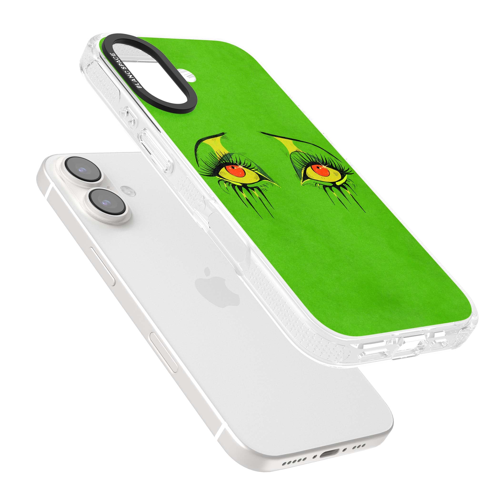 Green Enchanted Eyes psychedelic art iPhone case featuring hand-drawn dripping eyes on neon green background | Clear Case Impact Air case for iPhone 16, iPhone 16 Plus