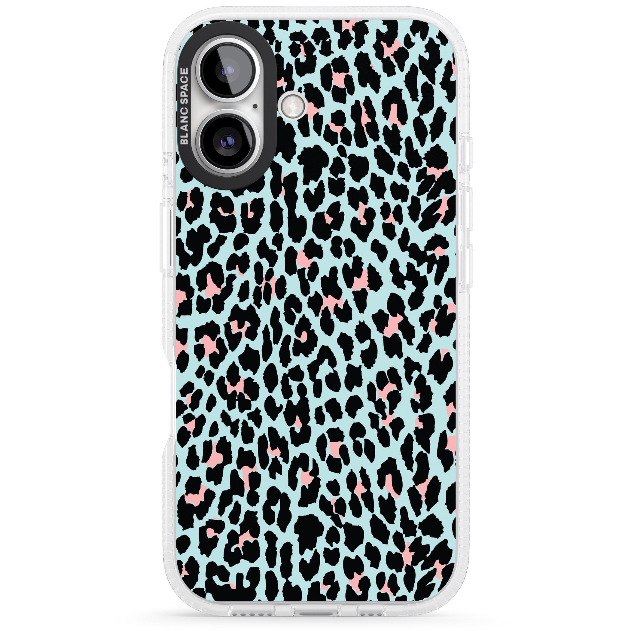 Light Pink on Blue Leopard Print Pattern iPhone 16 / 16 Plus Clear Case Impact Air - Blanc Space