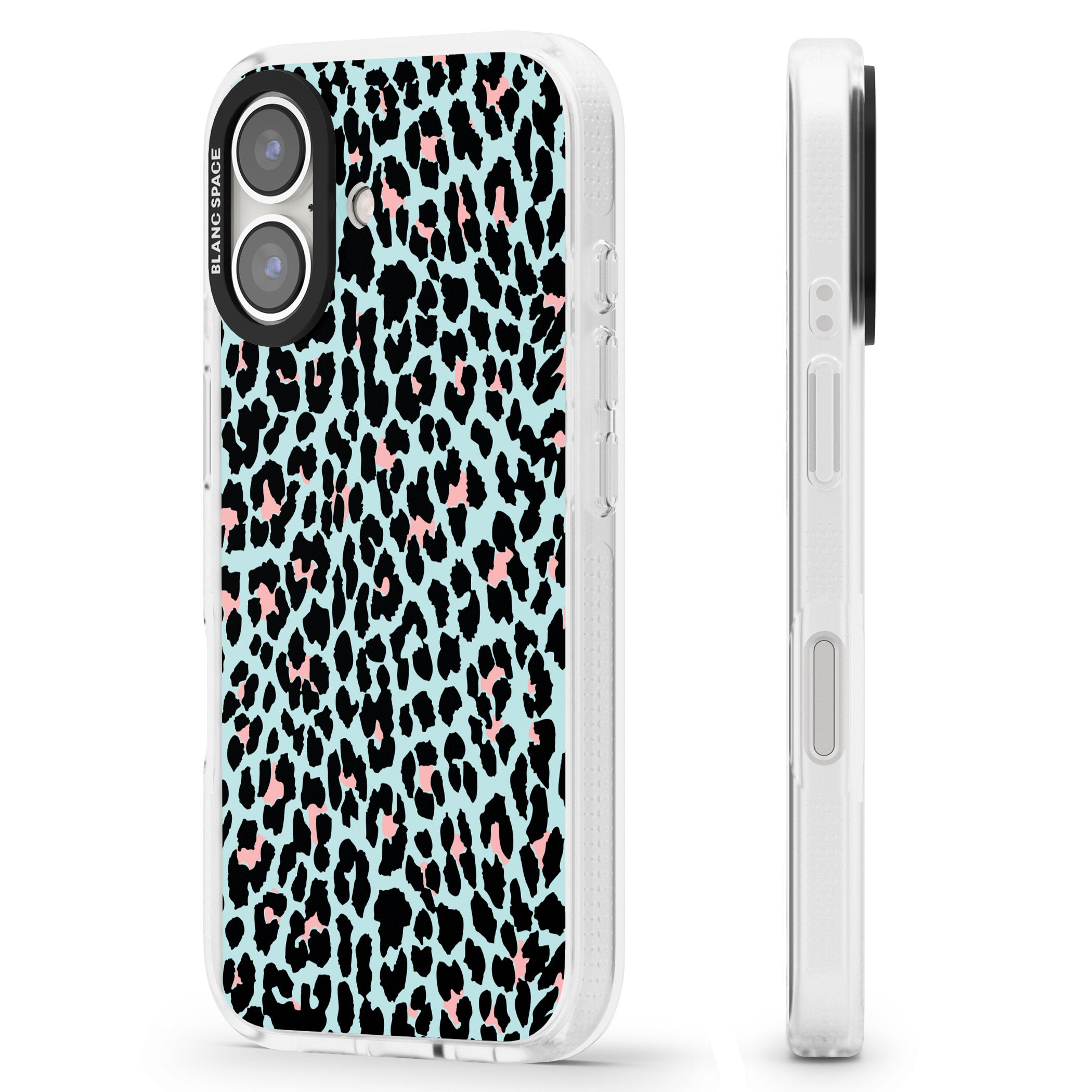 Light Pink on Blue Leopard Print Pattern iPhone 16 / 16 Plus Clear Case Impact Air - Blanc Space