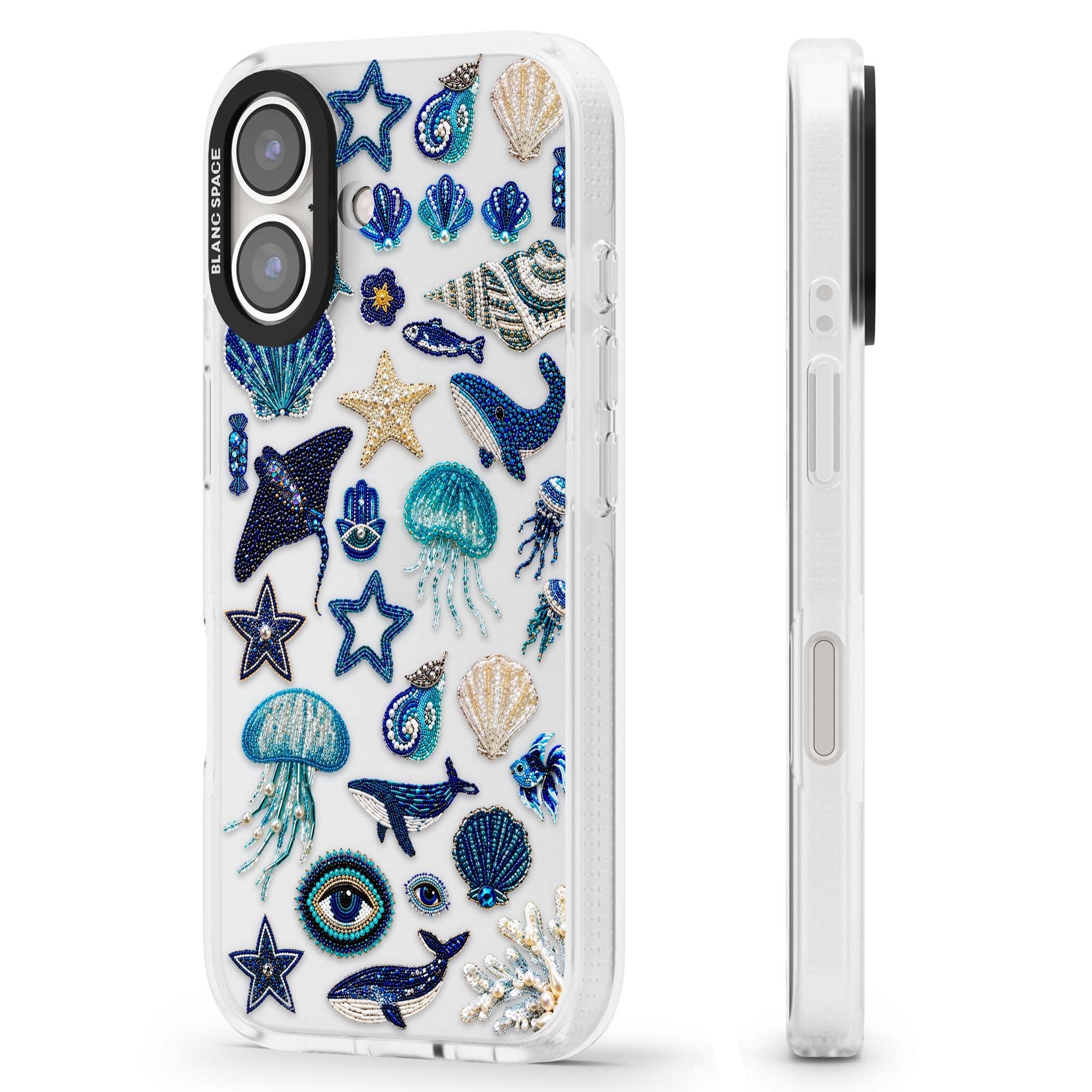 Beaded Coastal coastal iPhone case featuring embroidered seashells, jellyfish and a blue whale on clear | Clear Case Impact Air case for iPhone 16, iPhone 16 Plus
