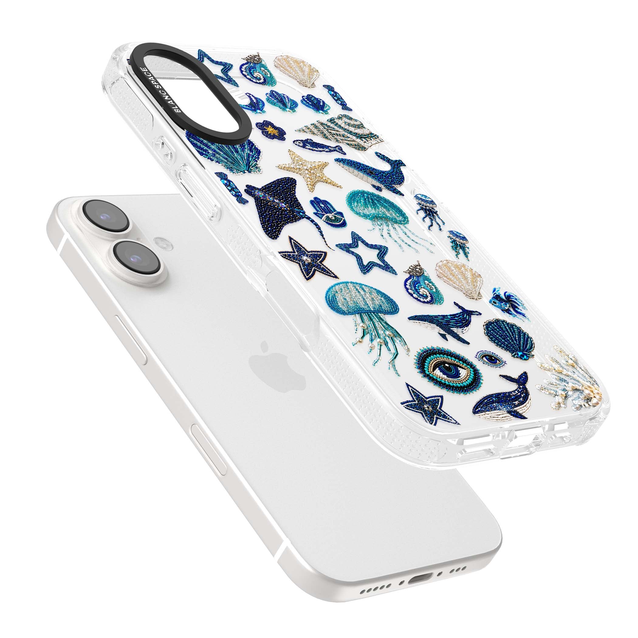Beaded Coastal coastal iPhone case featuring embroidered seashells, jellyfish and a blue whale on clear | Clear Case Impact Air case for iPhone 16, iPhone 16 Plus