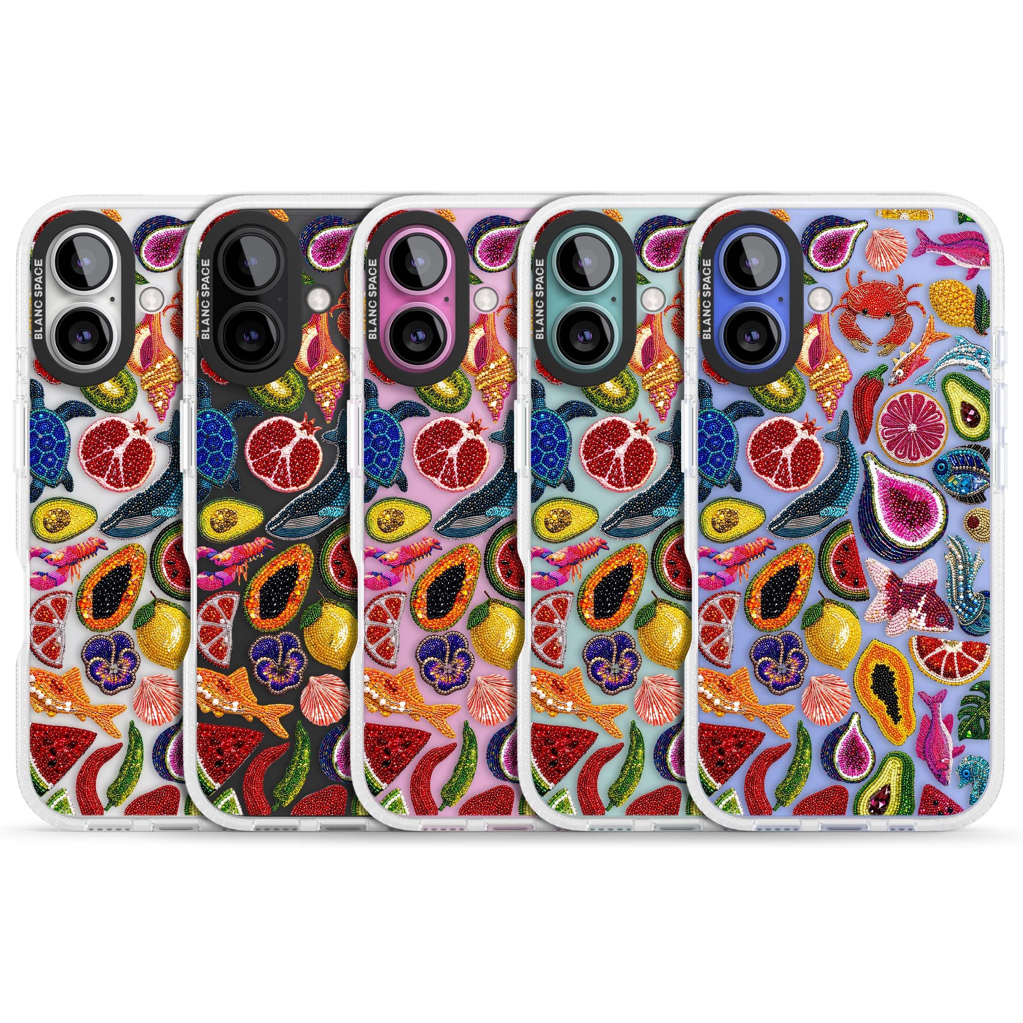 Beaded Tropic tropical iPhone case featuring beaded fruit, fish, crabs and seashells in vibrant colour | Clear Case Impact Air case for iPhone 16, iPhone 16 Plus