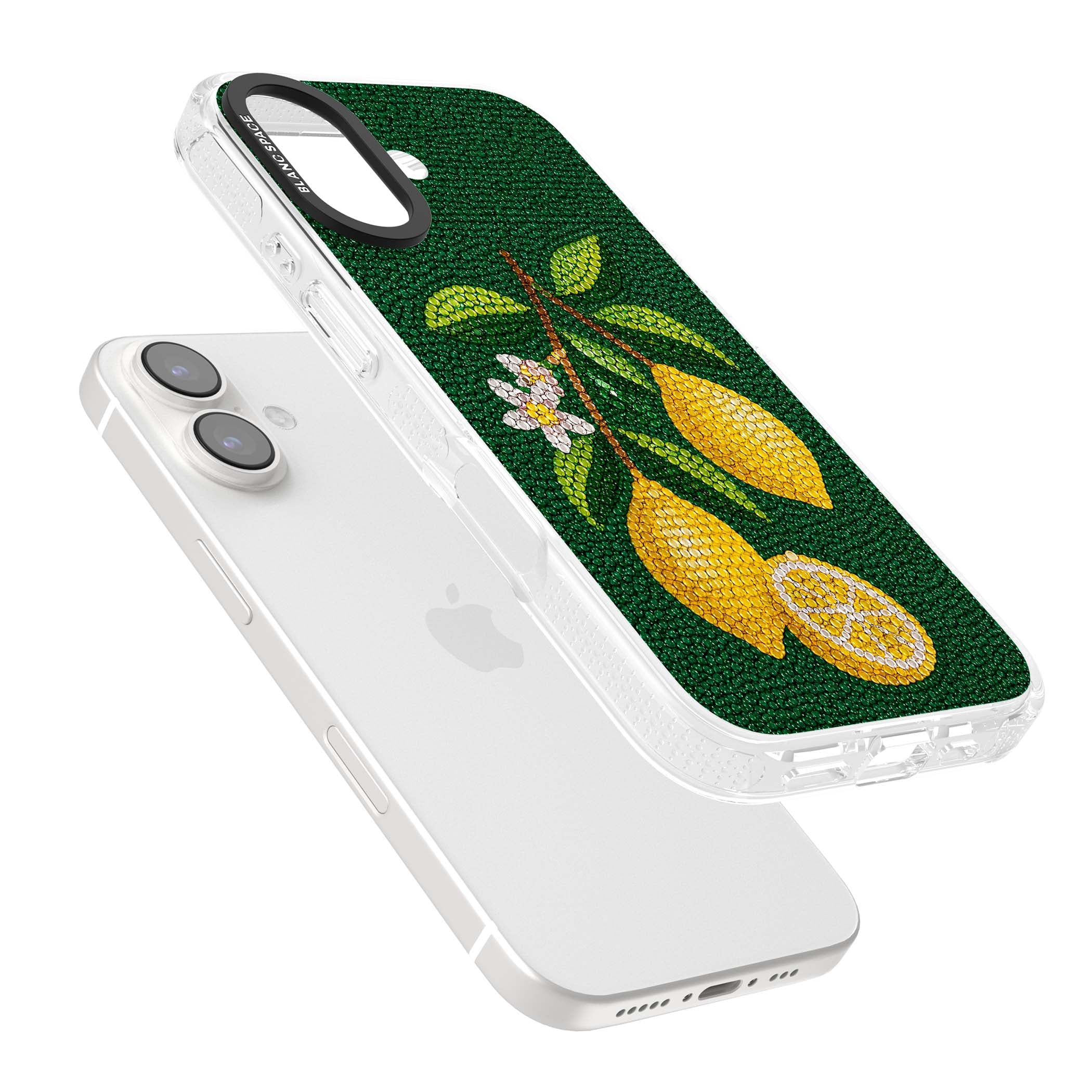 Beaded Lemons coastal iPhone case featuring crystal-beaded lemons, citrus blossom and green leaves on emerald ground | Clear Case Impact Air case for iPhone 16, iPhone 16 Plus