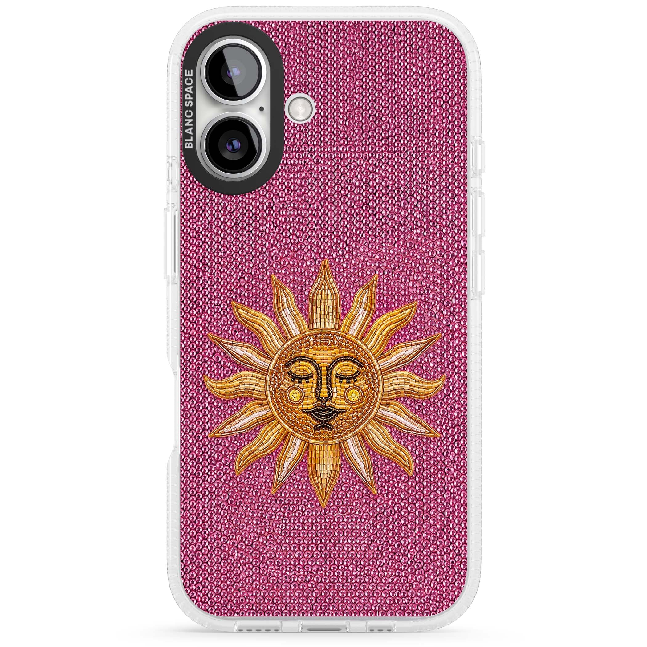 Beaded Sun celestial iPhone case featuring a golden beaded sun face with radiant rays on hot pink beaded background | Clear Case Impact Air case for iPhone 16, iPhone 16 Plus