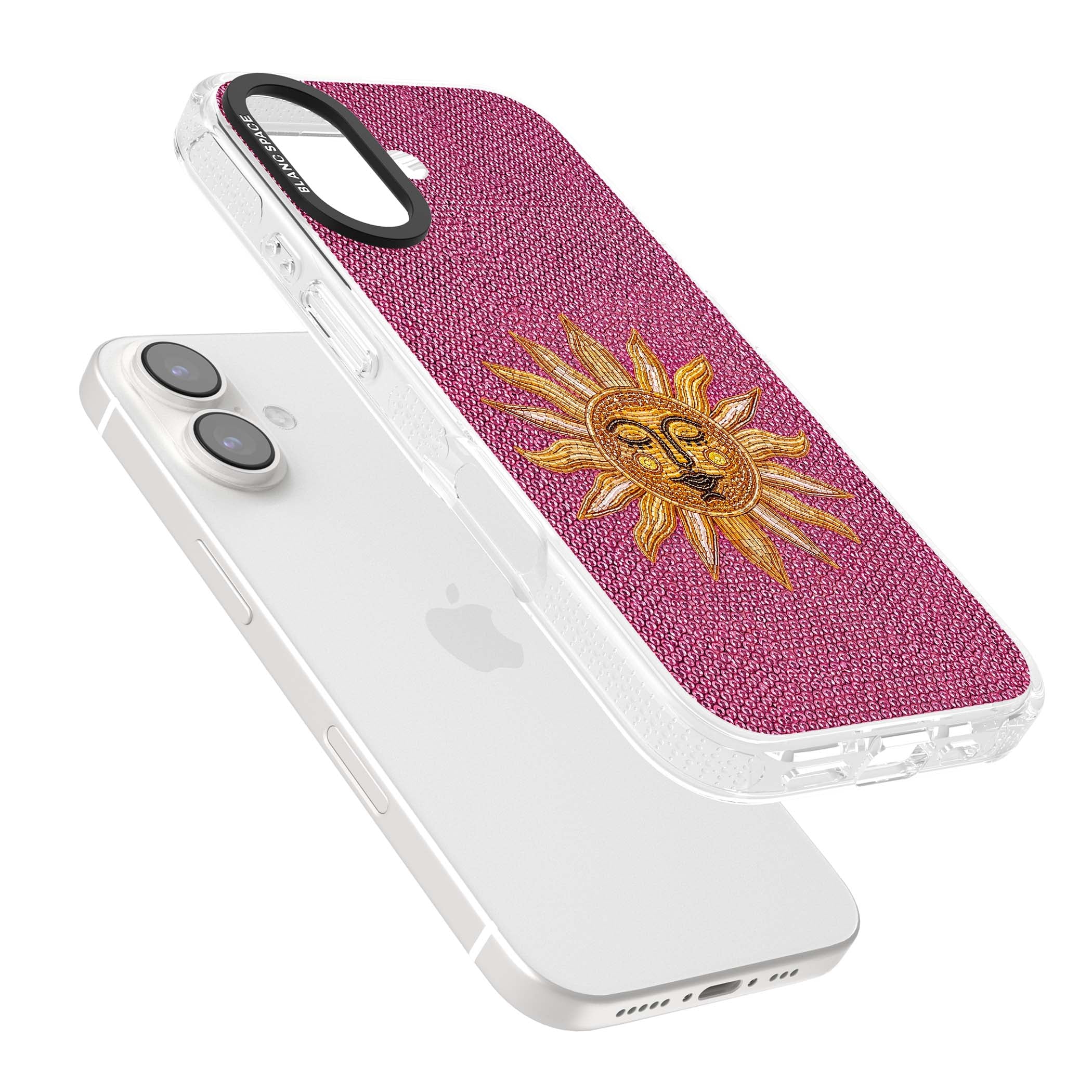 Beaded Sun celestial iPhone case featuring a golden beaded sun face with radiant rays on hot pink beaded background | Clear Case Impact Air case for iPhone 16, iPhone 16 Plus
