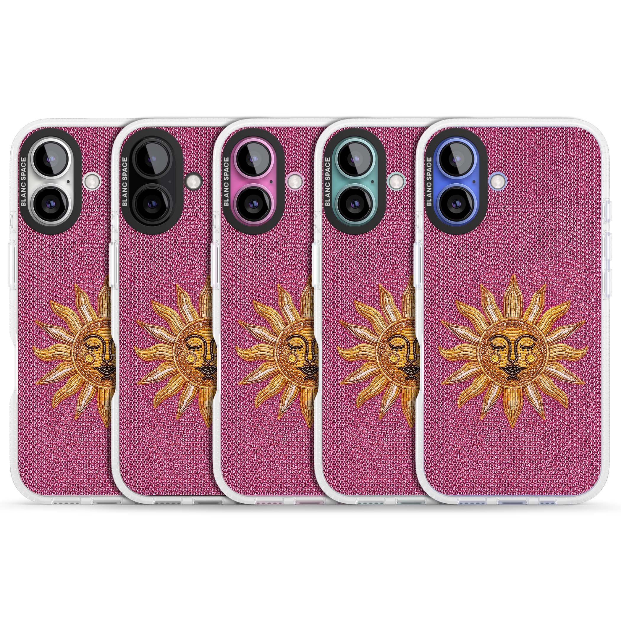 Beaded Sun celestial iPhone case featuring a golden beaded sun face with radiant rays on hot pink beaded background | Clear Case Impact Air case for iPhone 16, iPhone 16 Plus