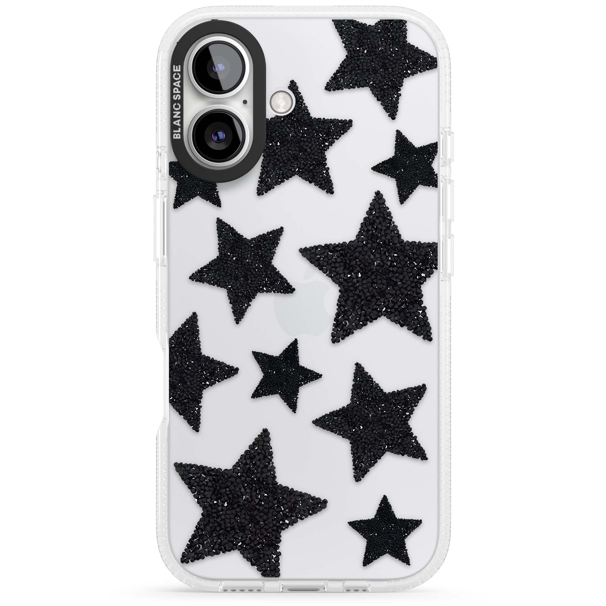 Beaded Black Stars celestial iPhone case featuring black glitter beaded stars scattered on a clear background | Clear Case Impact Air case for iPhone 16, iPhone 16 Plus