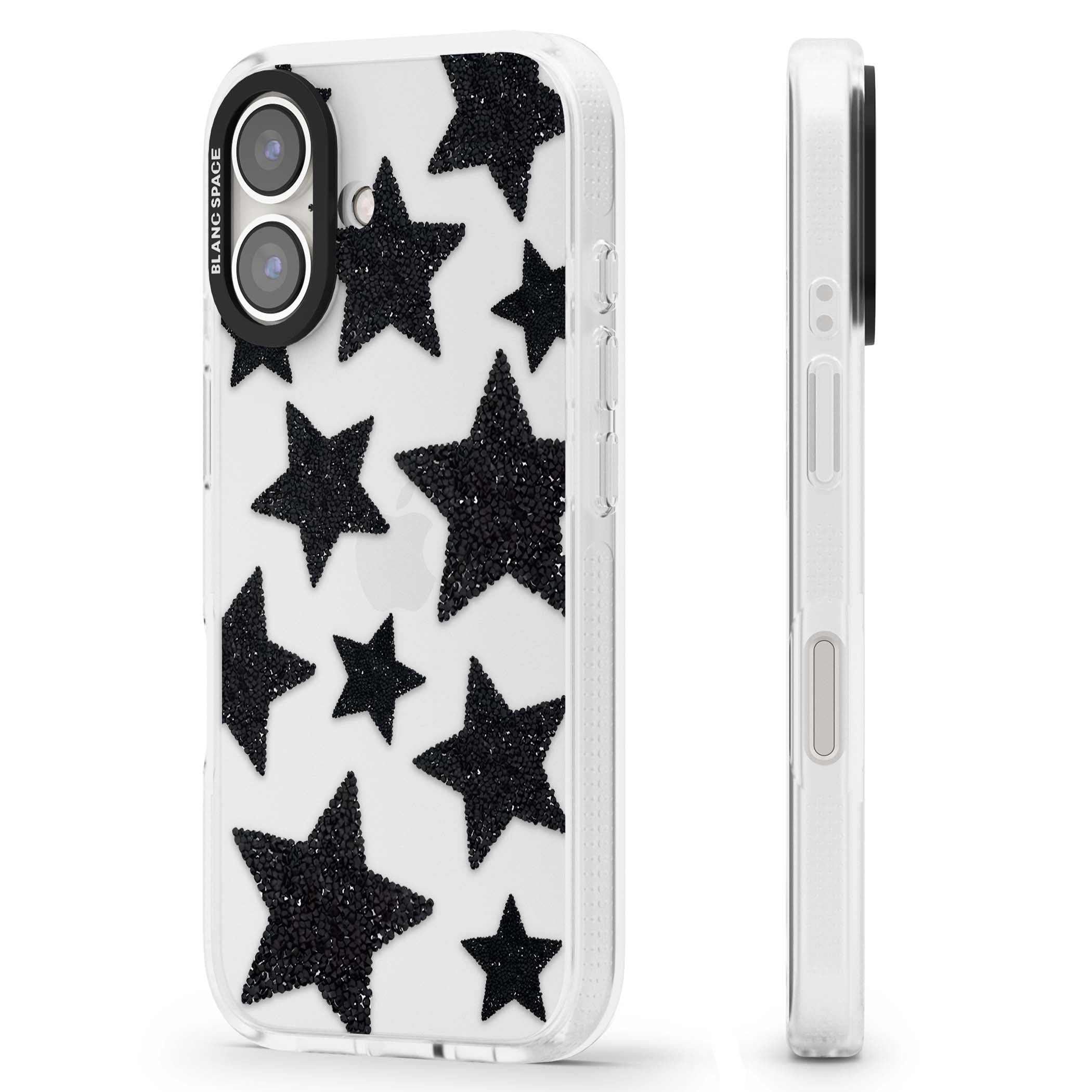 Beaded Black Stars celestial iPhone case featuring black glitter beaded stars scattered on a clear background | Clear Case Impact Air case for iPhone 16, iPhone 16 Plus