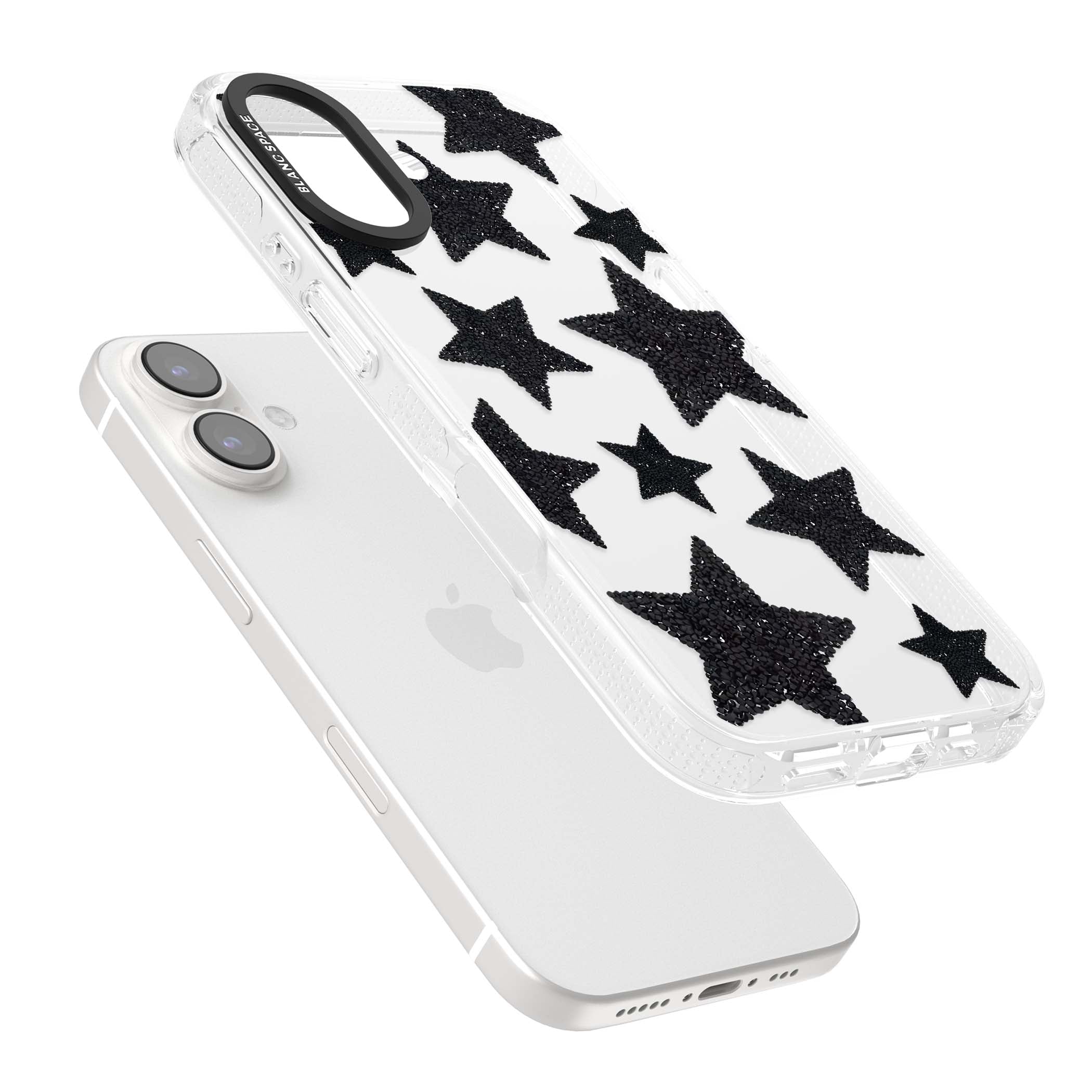 Beaded Black Stars celestial iPhone case featuring black glitter beaded stars scattered on a clear background | Clear Case Impact Air case for iPhone 16, iPhone 16 Plus