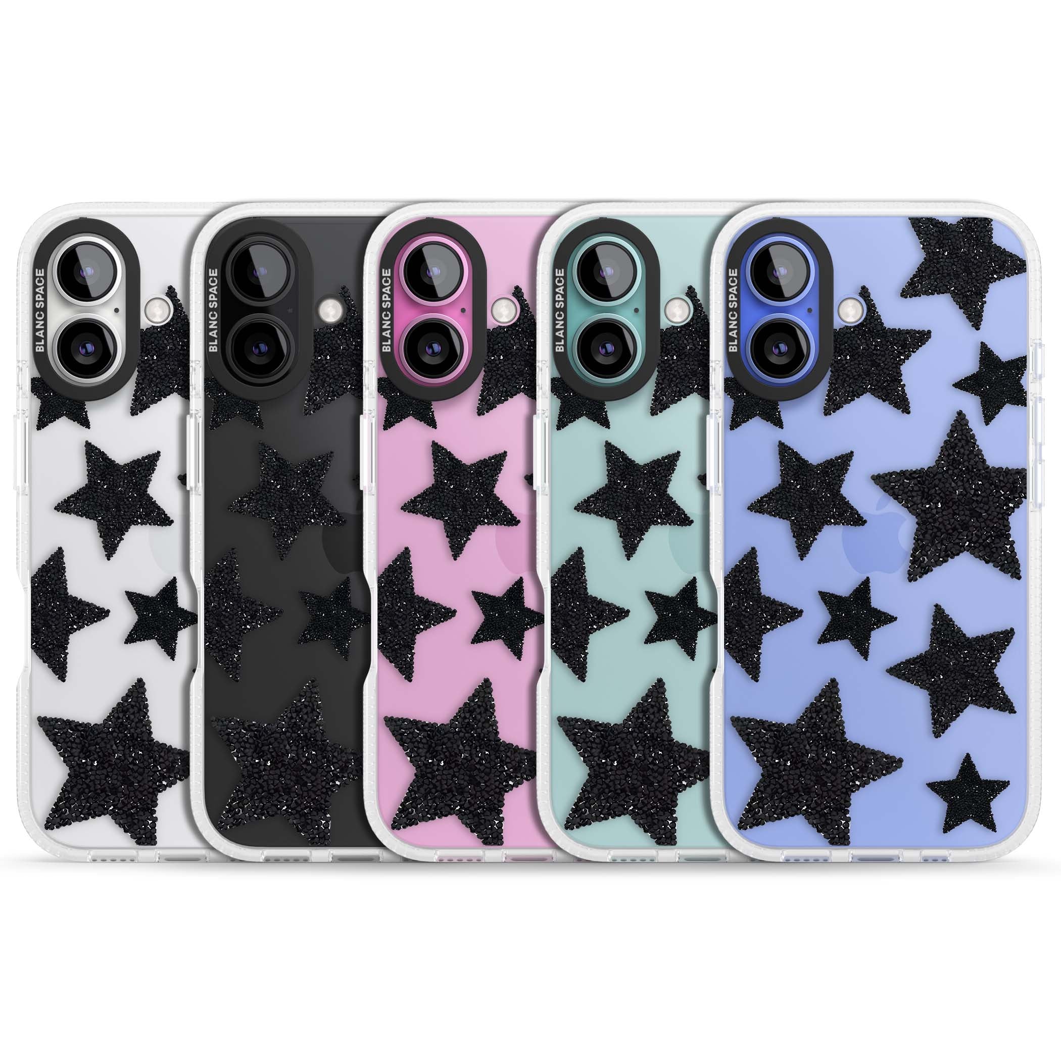 Beaded Black Stars celestial iPhone case featuring black glitter beaded stars scattered on a clear background | Clear Case Impact Air case for iPhone 16, iPhone 16 Plus