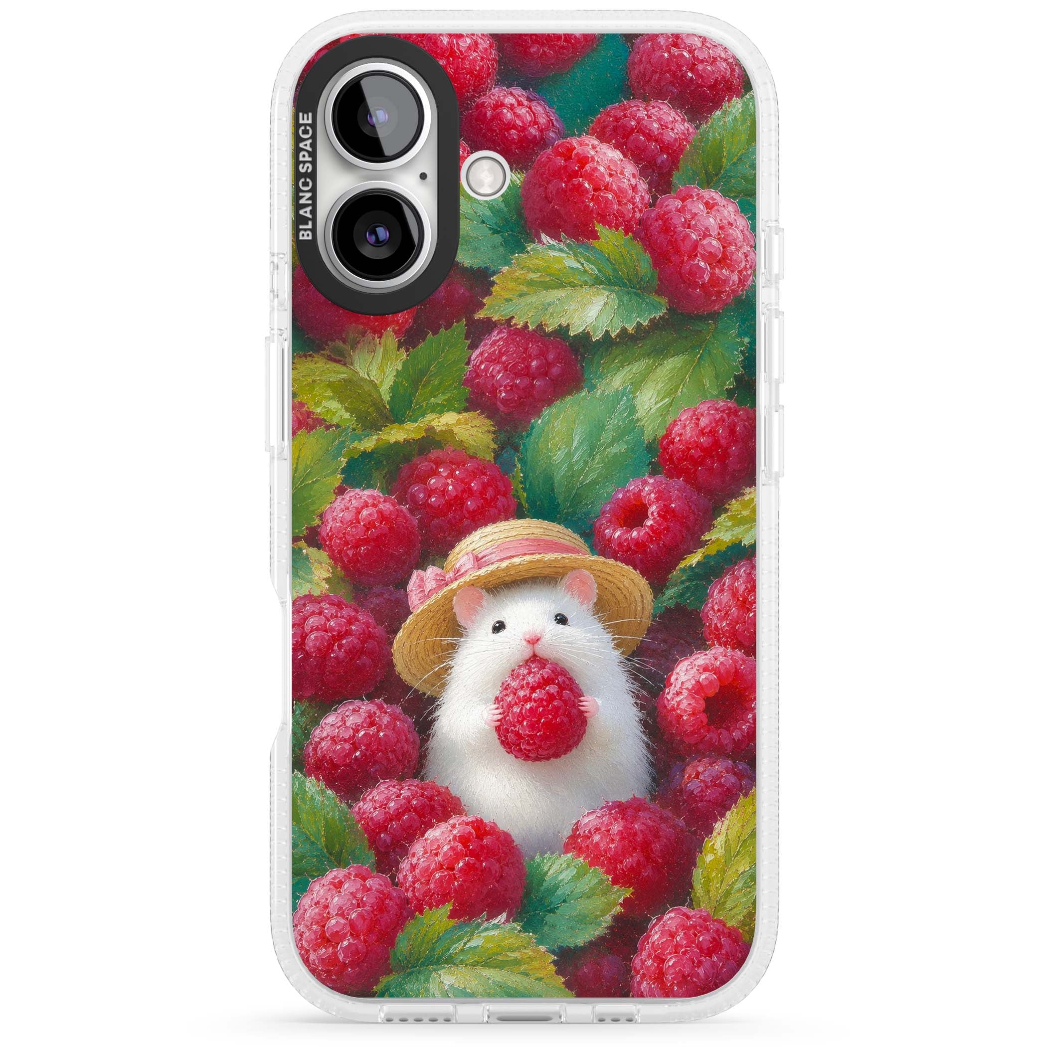 Berry Forager cottagecore iPhone case featuring a white hamster in a straw hat holding a raspberry surrounded by ripe ber | Clear Case Impact Air case for iPhone 16, iPhone 16 Plus