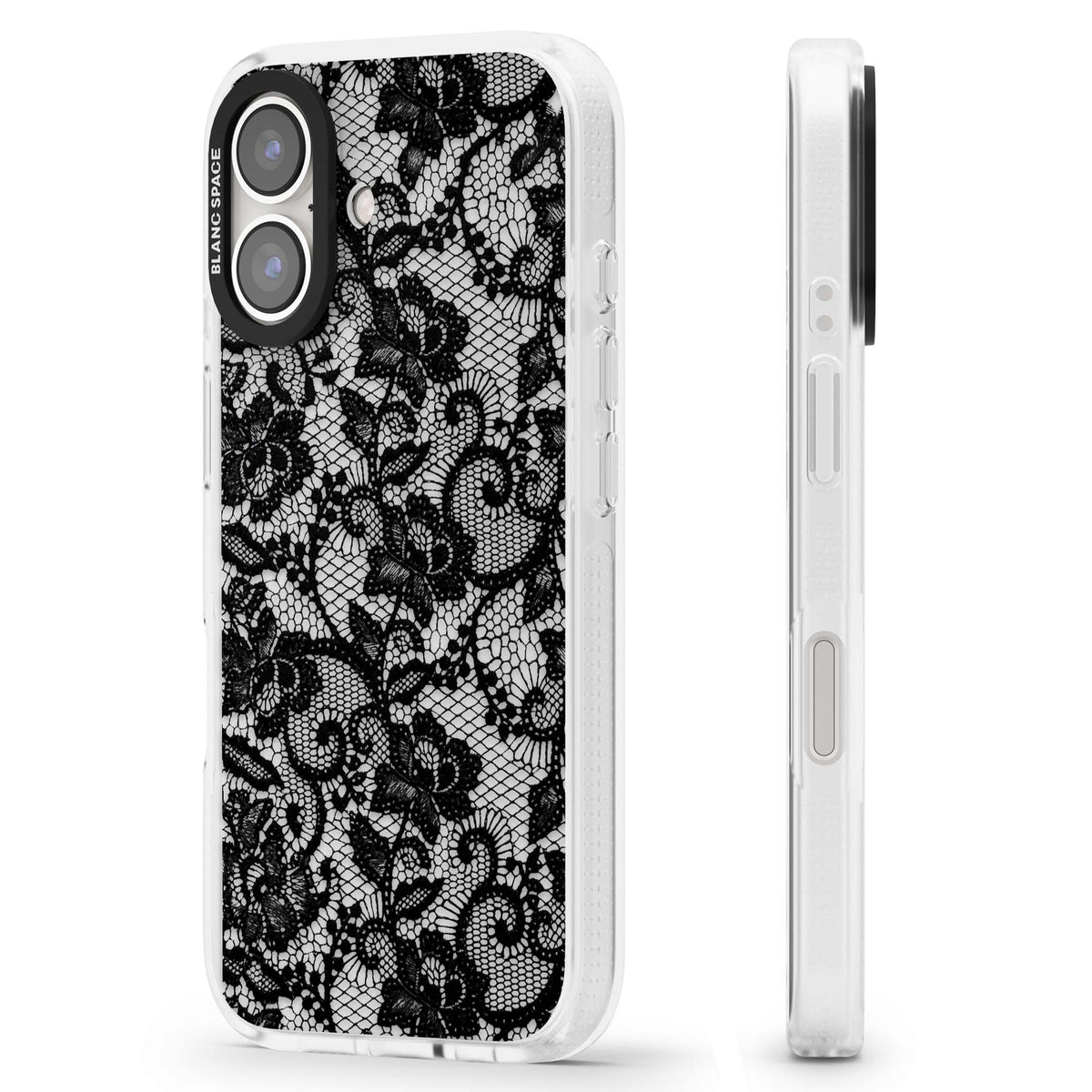 Black Lace gothic iPhone case featuring intricate black floral lace pattern with vintage whimsigoth detail | Clear Case Impact Air case for iPhone 16, iPhone 16 Plus