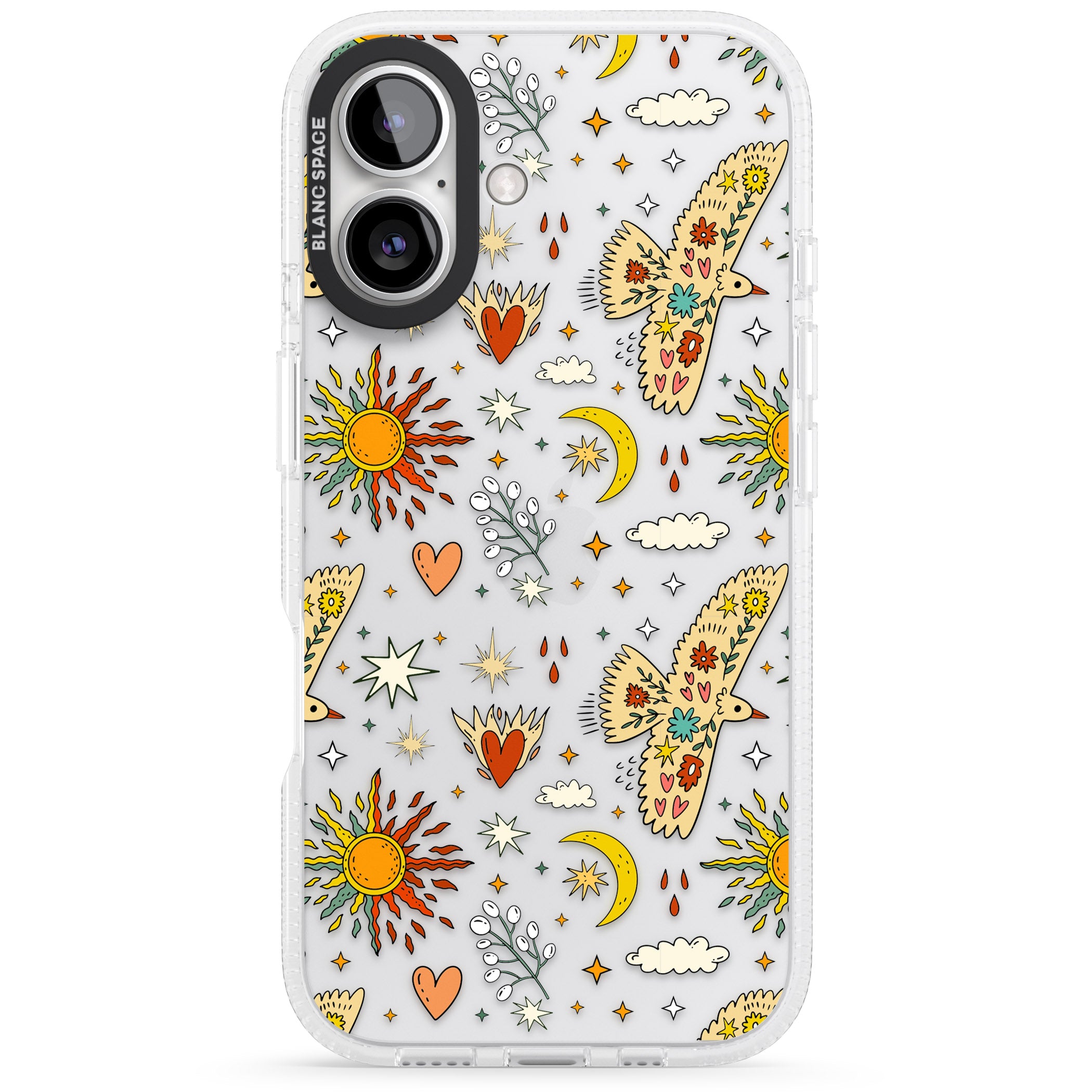 Boho Celestial Floral Bird & Sun iPhone 16 / 16 Plus Clear Case Impact Air - Blanc Space