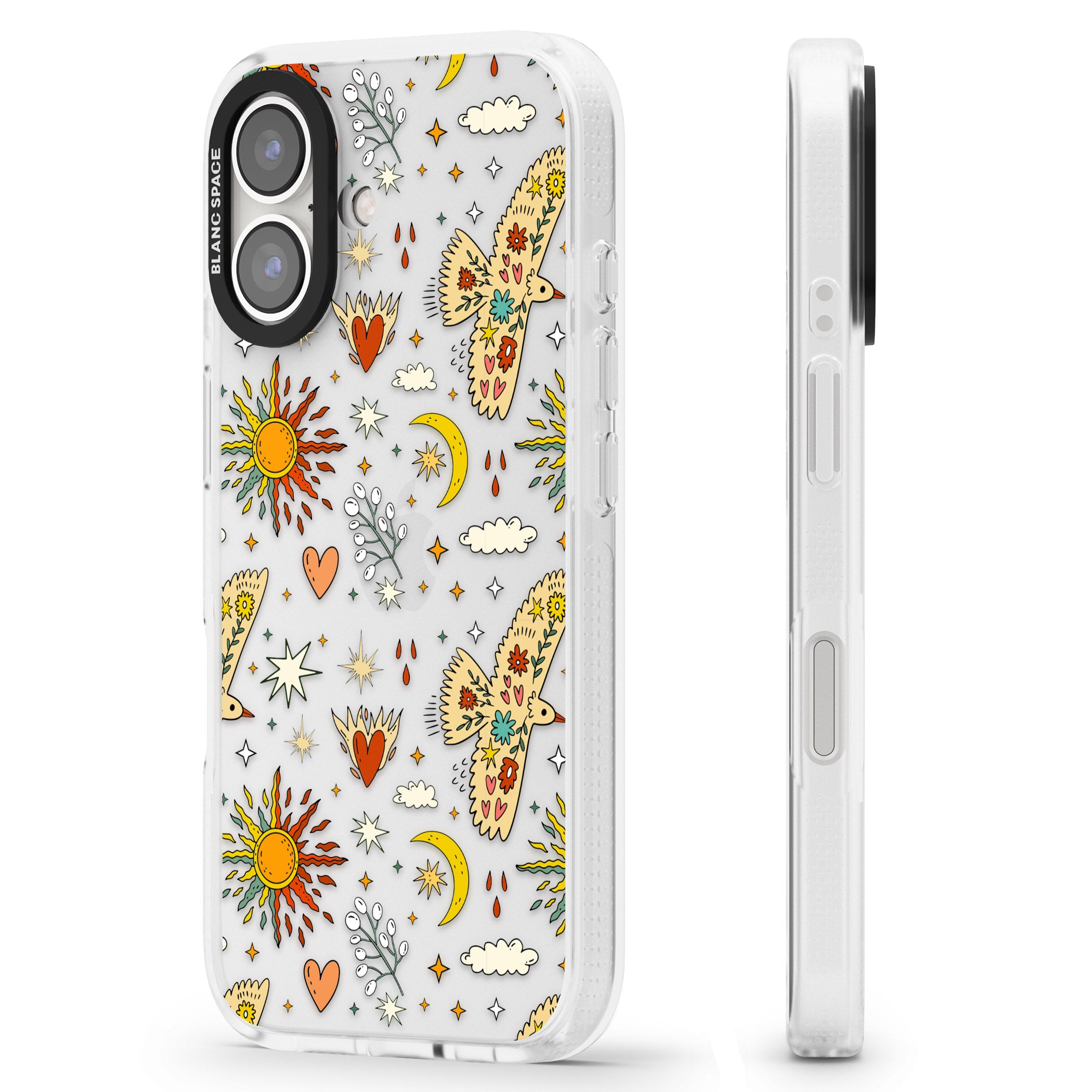 Boho Celestial Floral Bird & Sun iPhone 16 / 16 Plus Clear Case Impact Air - Blanc Space