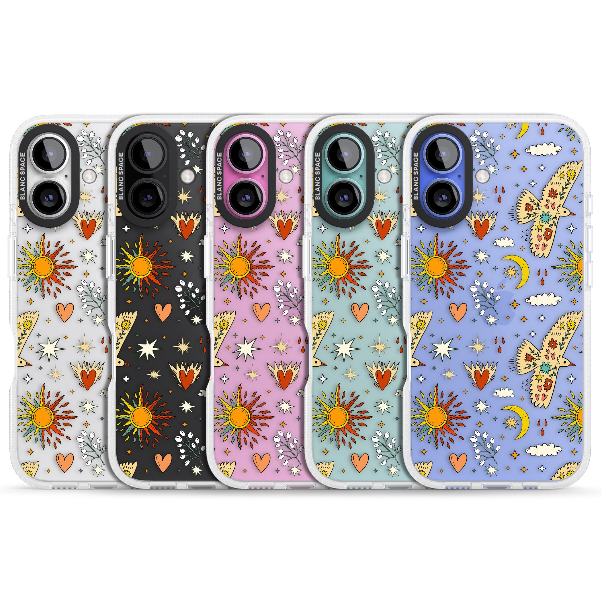 Boho Celestial Floral Bird & Sun iPhone 16 / 16 Plus Clear Case Impact Air - Blanc Space