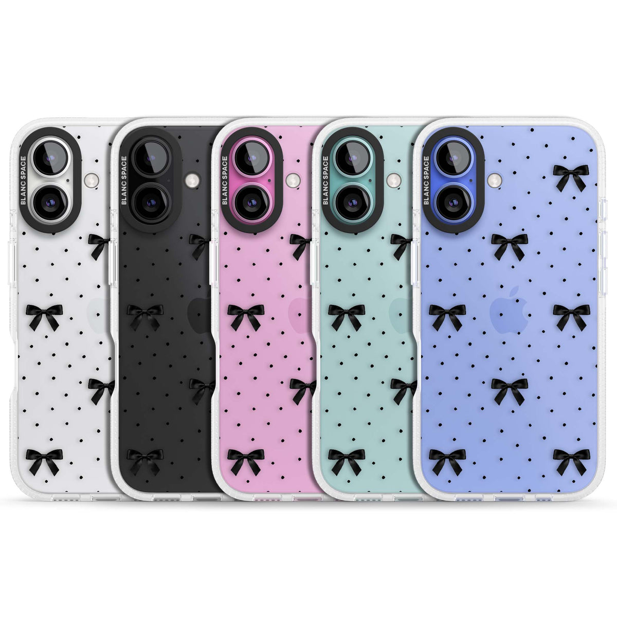 Black Polka Bows coquette iPhone case featuring scattered black satin bows and tiny polka dots on a clear base | Clear Case Impact Air case for iPhone 16, iPhone 16 Plus