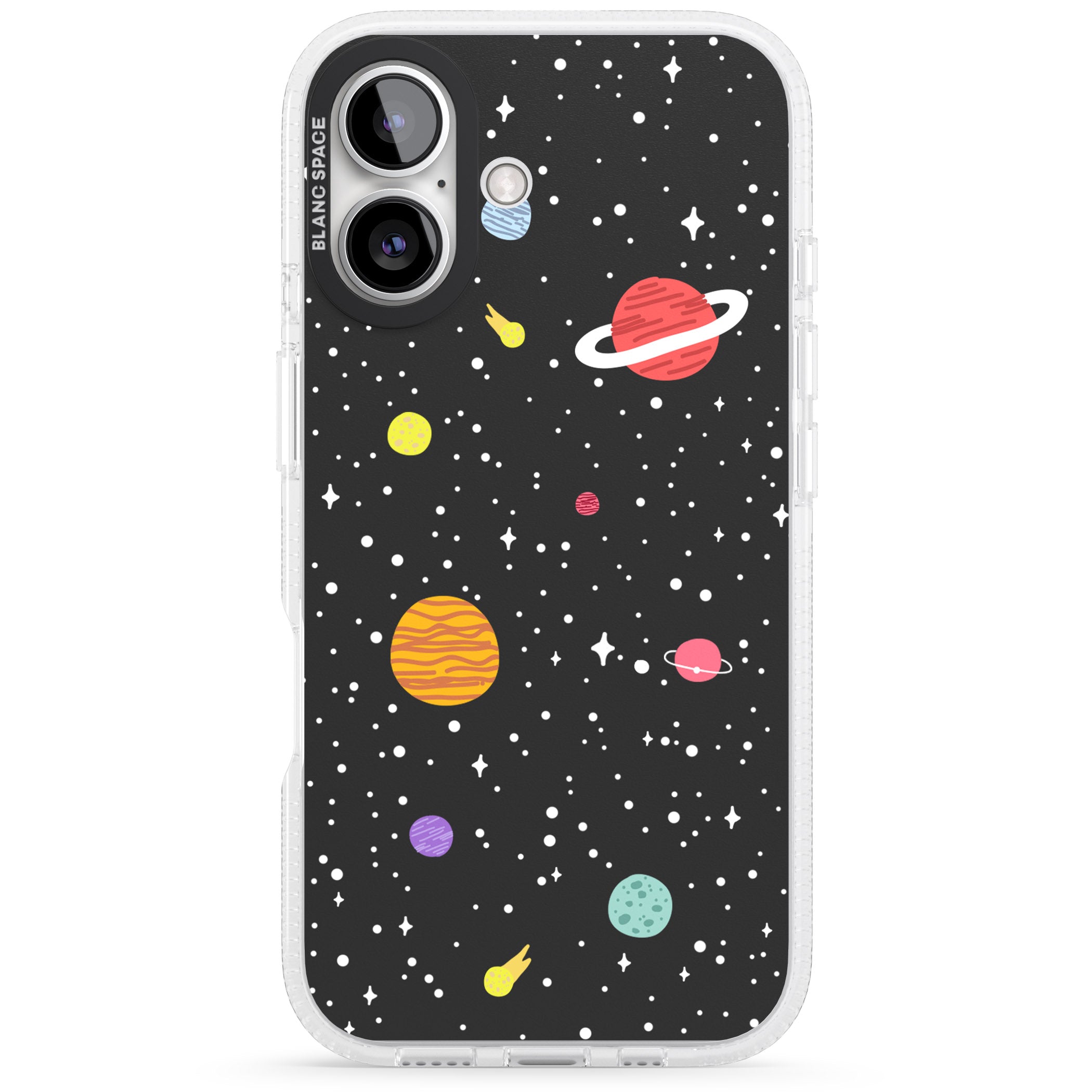Cute Cartoon Planets iPhone 16 / 16 Plus Clear Case Impact Air - Blanc Space
