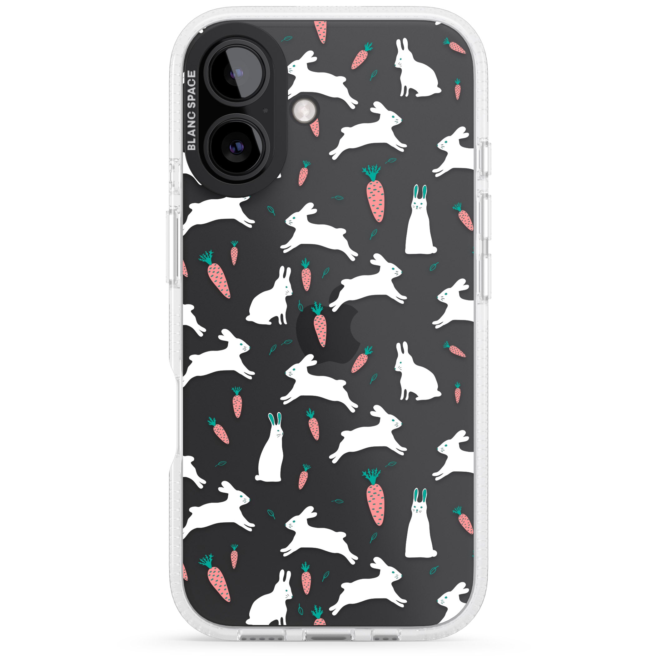 White Bunnies and Carrots iPhone 16 / 16 Plus Clear Case Impact Air - Blanc Space