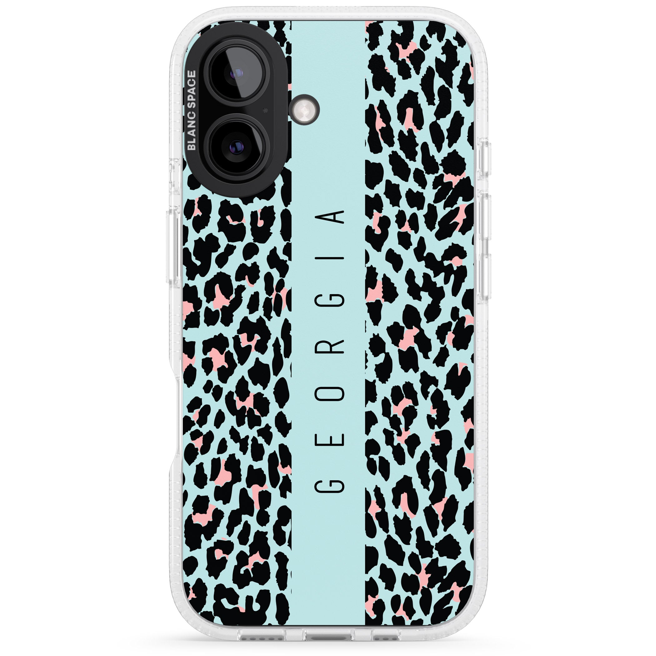Personalised Blue Leopard Spots iPhone 16 / 16 Plus Clear Case Impact Air - Blanc Space