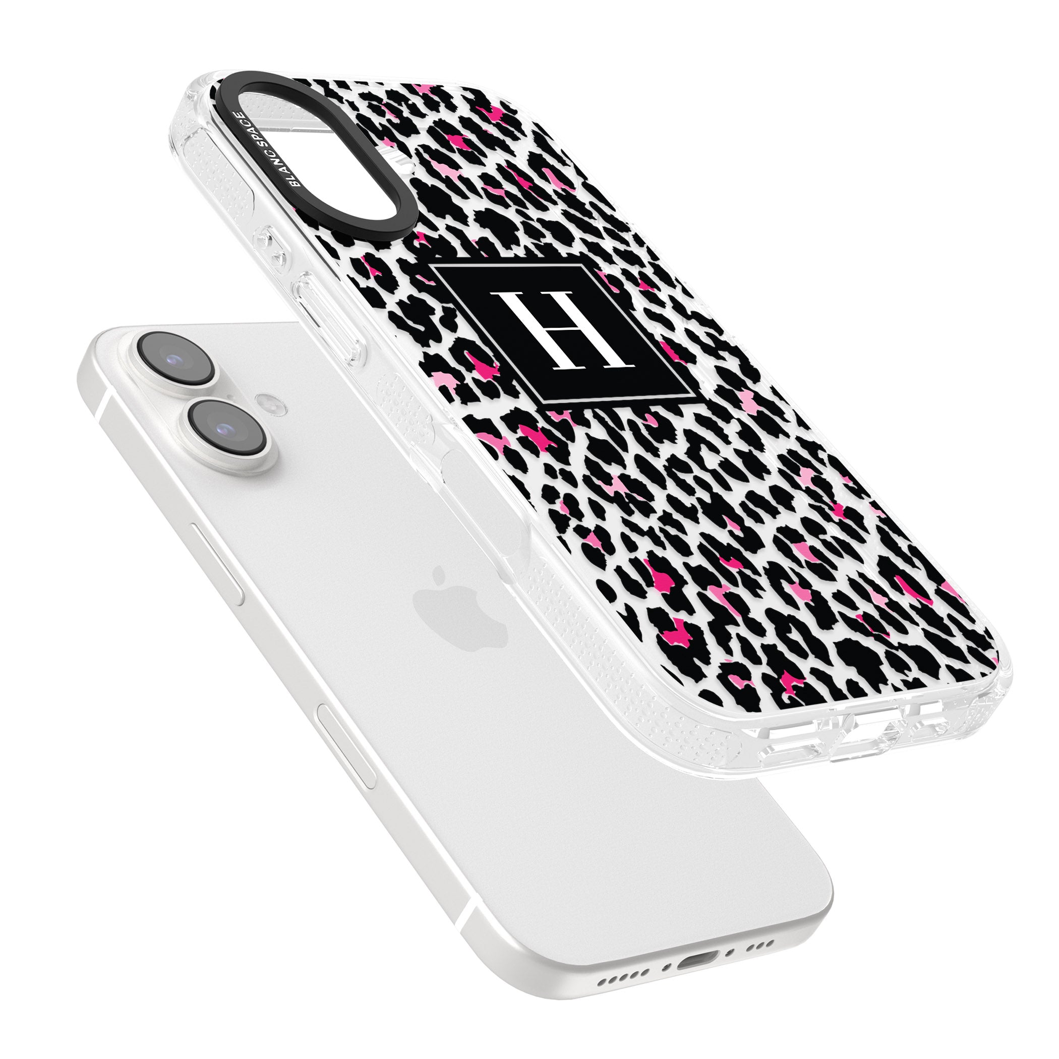 Personalised Pink Monogram Leopard Spots iPhone 16 / 16 Plus Clear Case Impact Air - Blanc Space