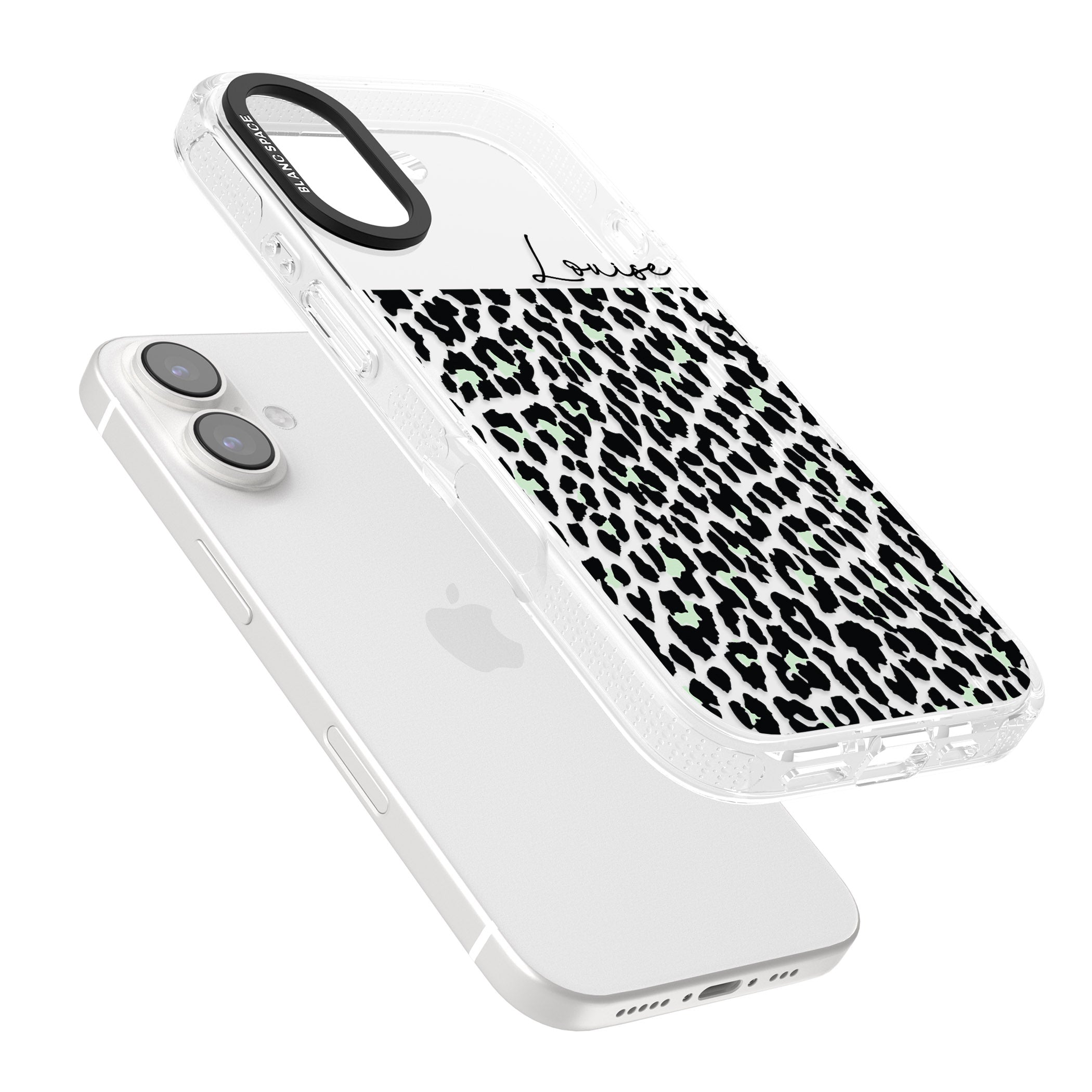 Personalised Seafoam Green & Cursive Leopard Spots iPhone 16 / 16 Plus Clear Case Impact Air - Blanc Space