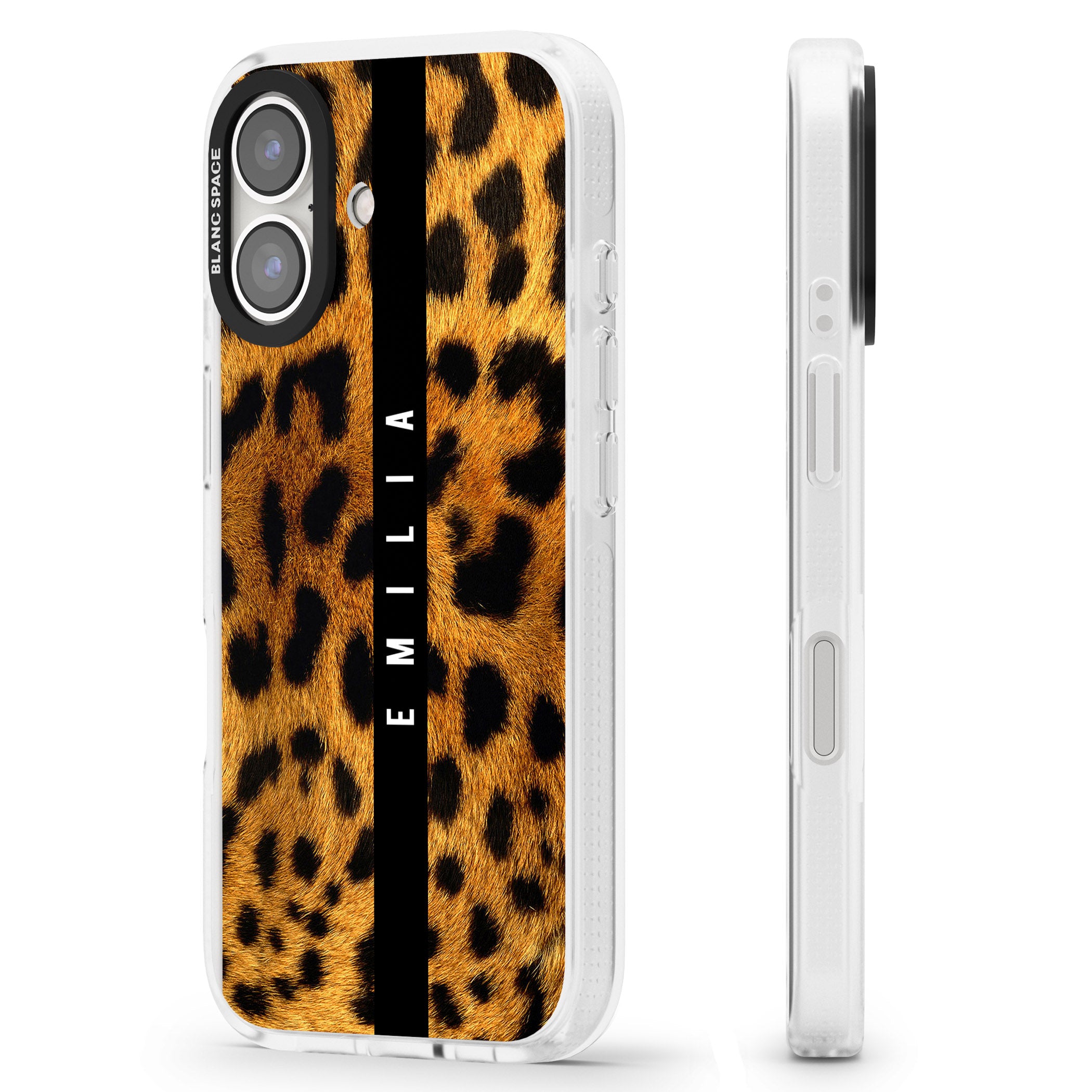 Personalised Leopard Print iPhone 16 / 16 Plus Clear Case Impact Air - Blanc Space