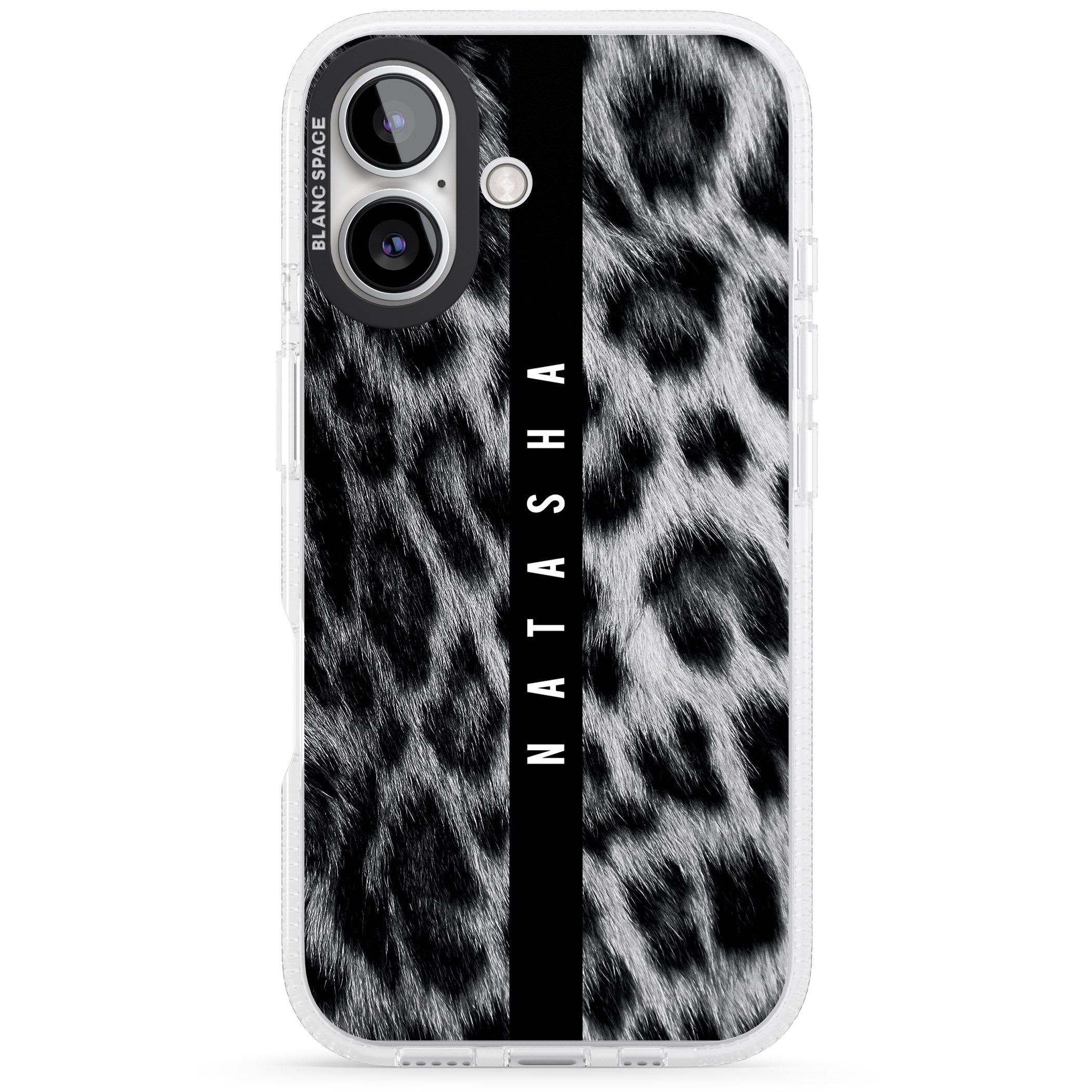 Personalised Snow Leopard Print iPhone 16 / 16 Plus Clear Case Impact Air - Blanc Space