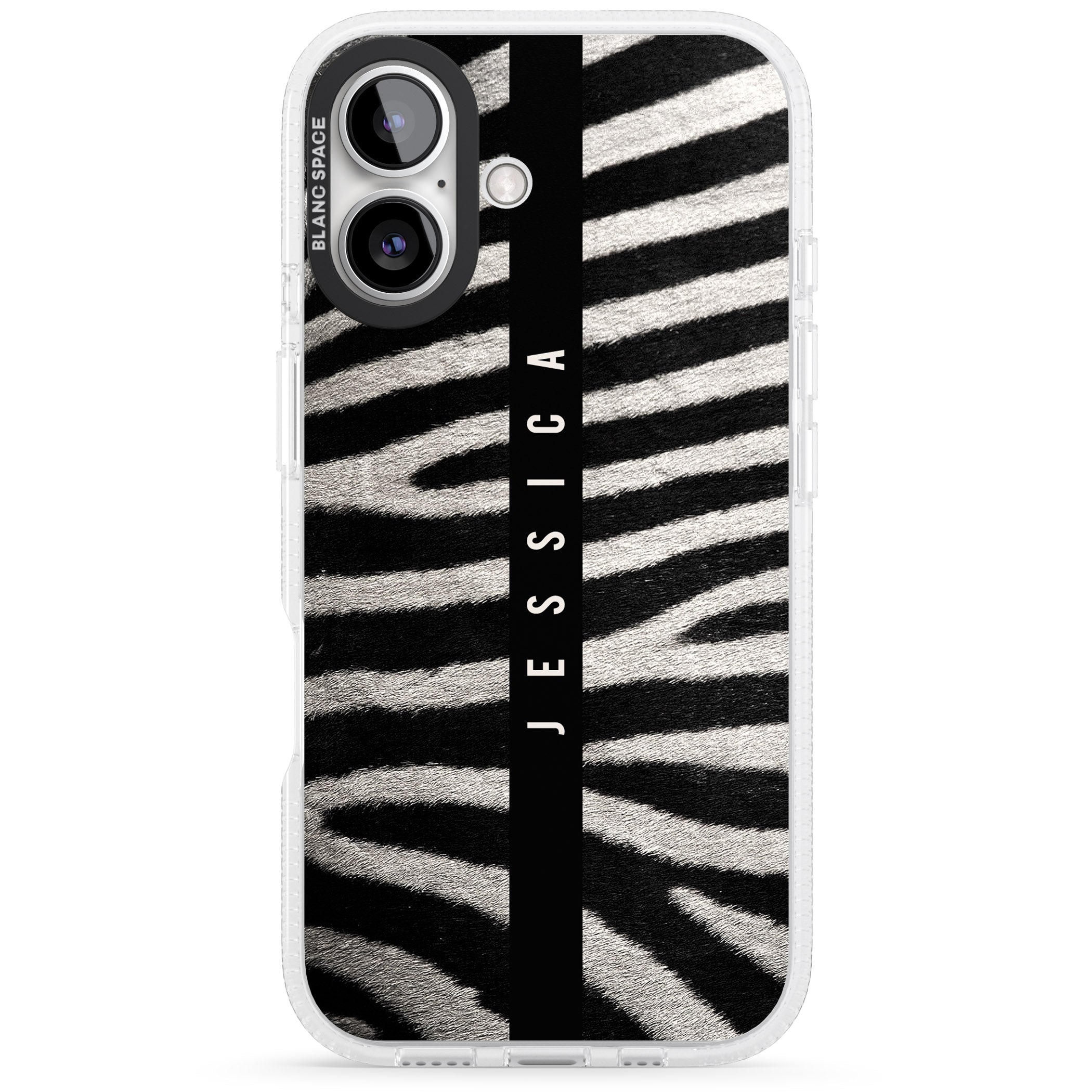Personalised Zebra Print iPhone 16 / 16 Plus Clear Case Impact Air - Blanc Space
