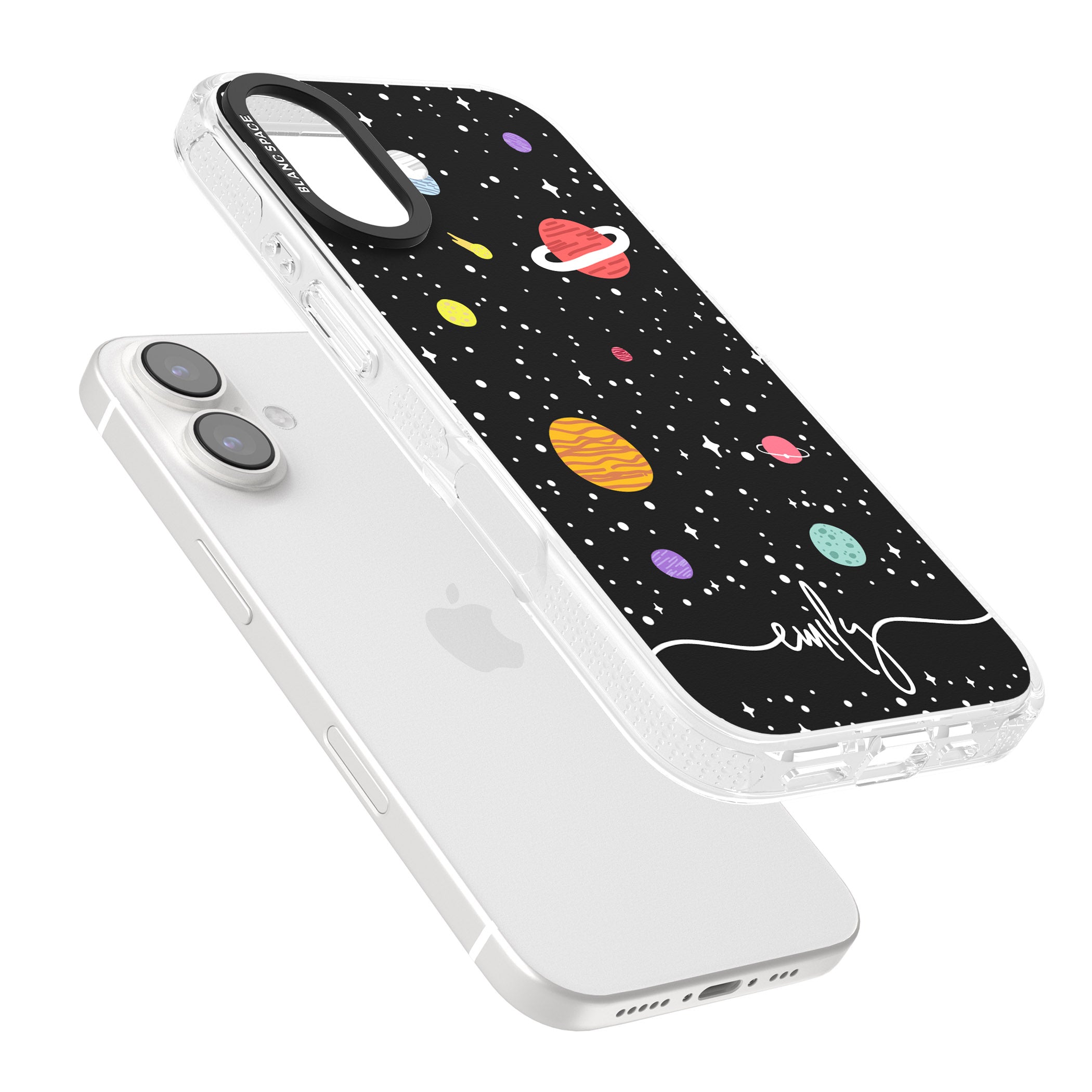 Personalised Cute Cartoon Planets iPhone 16 / 16 Plus Clear Case Impact Air - Blanc Space