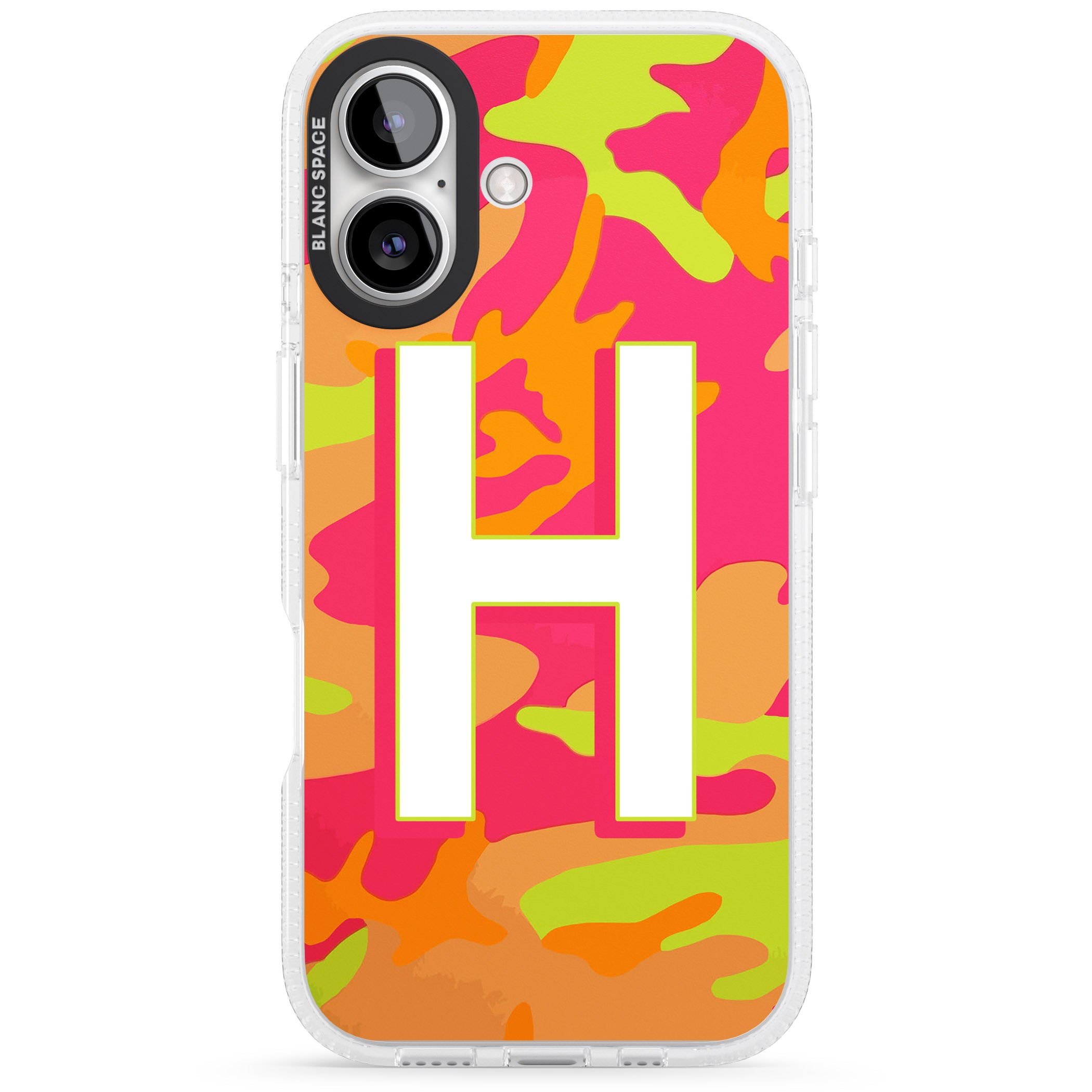 Personalised Bright Neon Camo Solid Monogram iPhone 16 / 16 Plus Clear Case Impact Air - Blanc Space