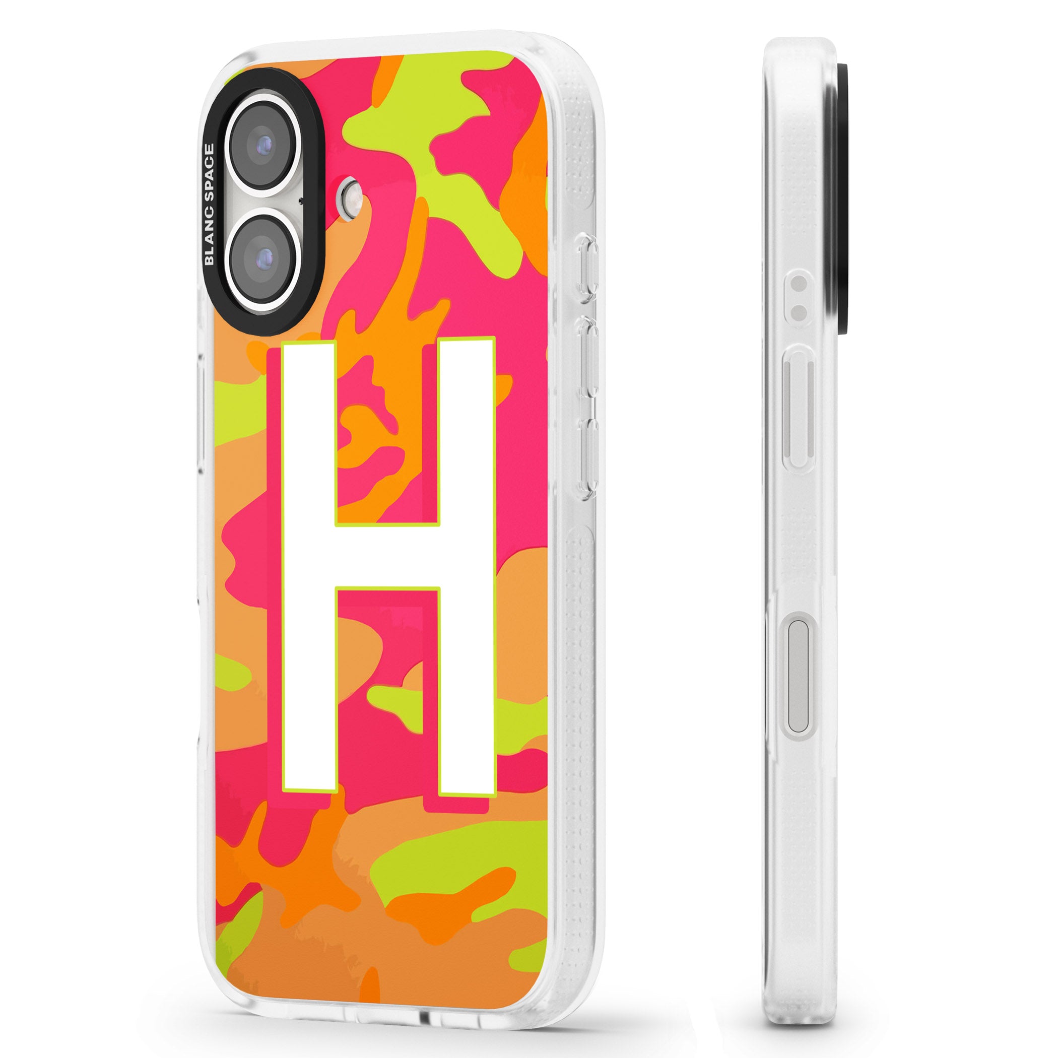 Personalised Bright Neon Camo Solid Monogram iPhone 16 / 16 Plus Clear Case Impact Air - Blanc Space