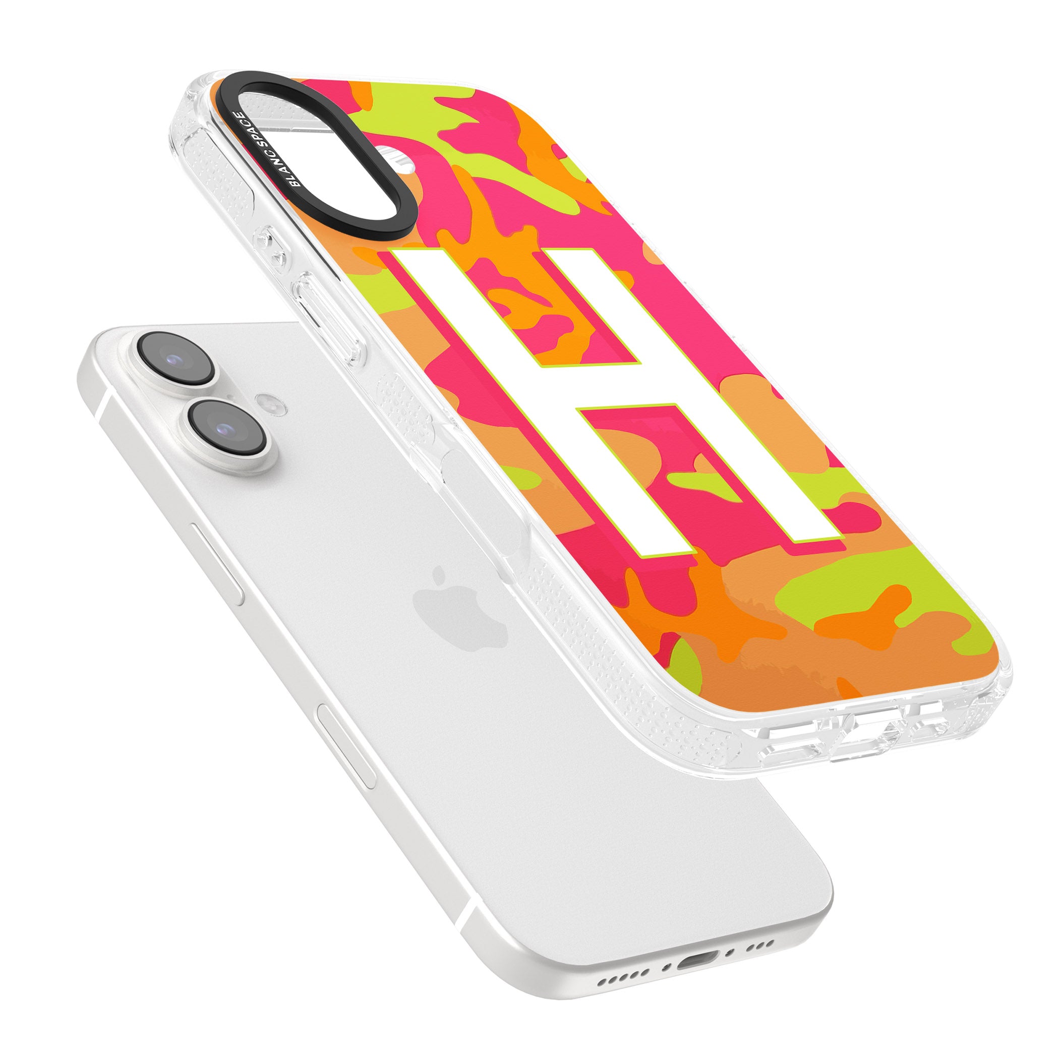 Personalised Bright Neon Camo Solid Monogram iPhone 16 / 16 Plus Clear Case Impact Air - Blanc Space