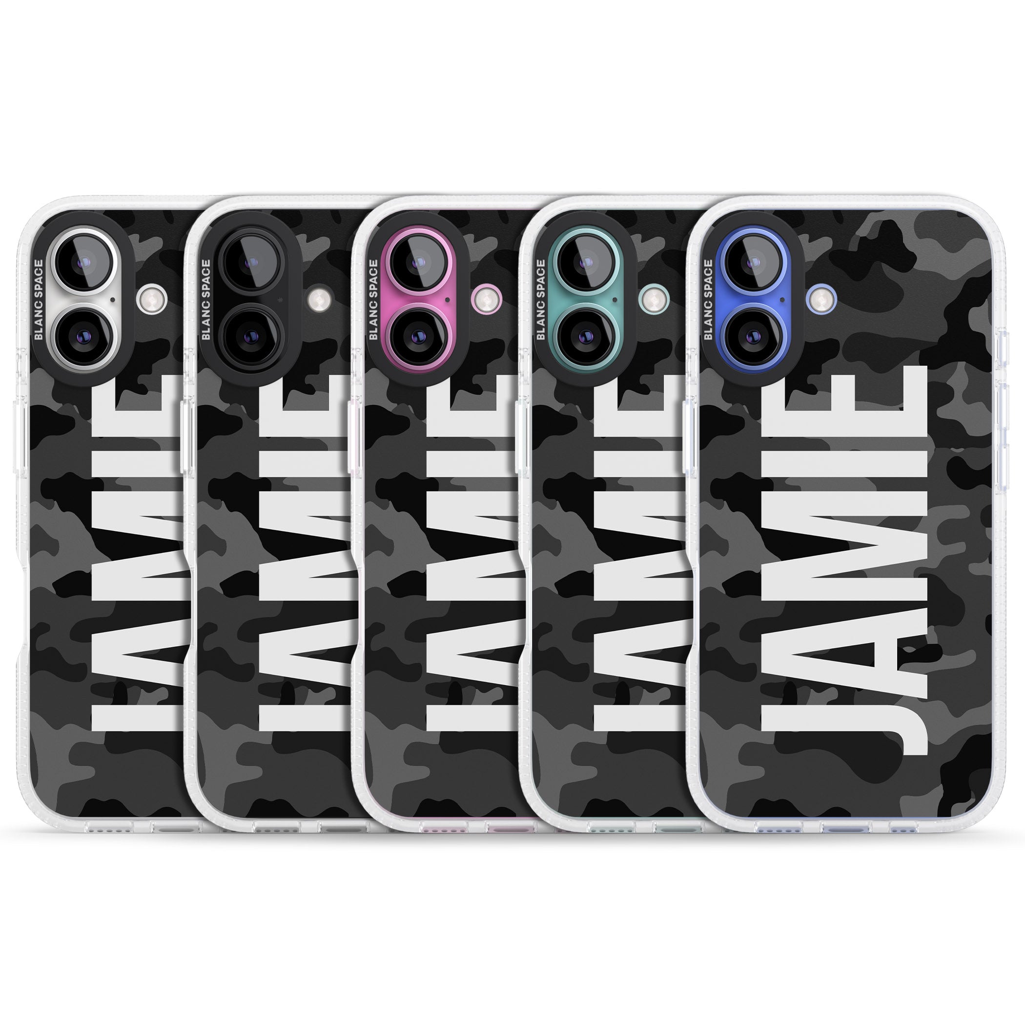 Personalised Vertical Name Black Camouflage iPhone 16 / 16 Plus Clear Case Impact Air - Blanc Space