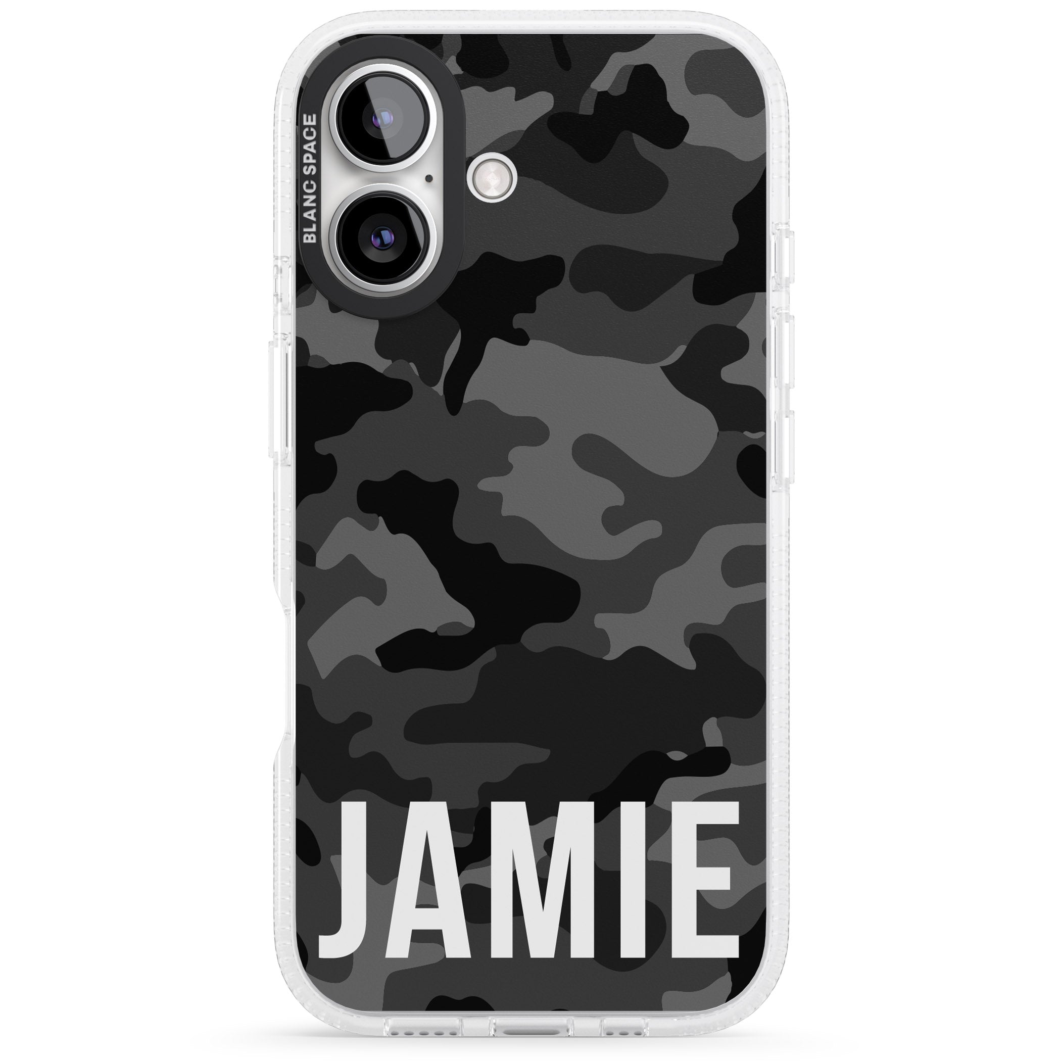 Personalised Horizontal Name Black Camouflage iPhone 16 / 16 Plus Clear Case Impact Air - Blanc Space
